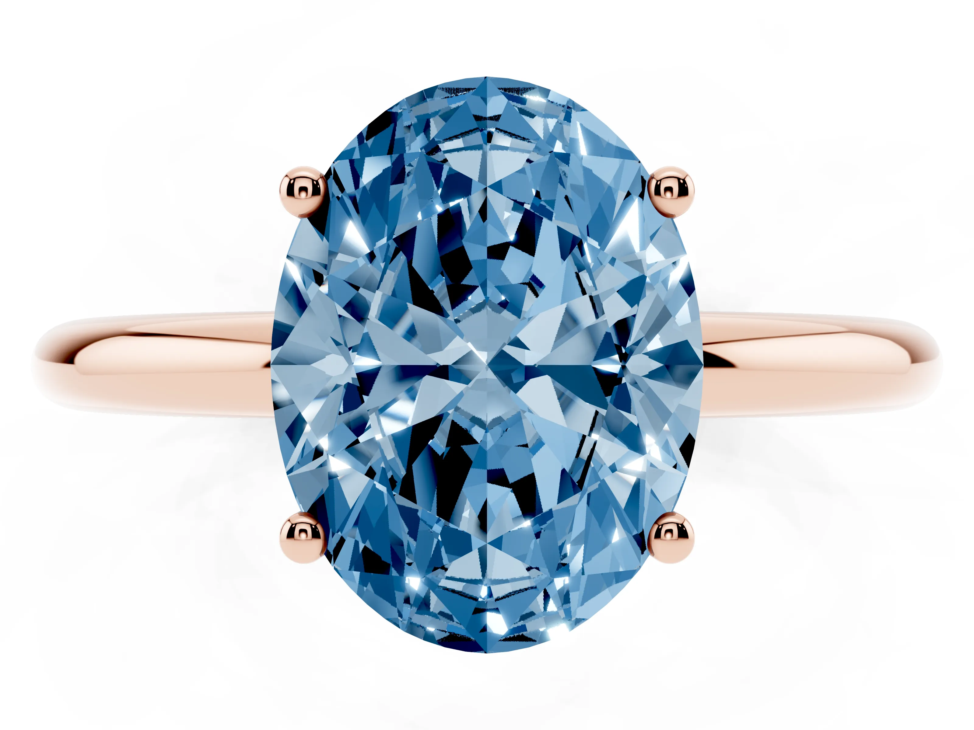 Fancy Blue Oval Cut Diamond Solitaire Engagement Ring Set in Rose gold with Prong Setting and Polished Band