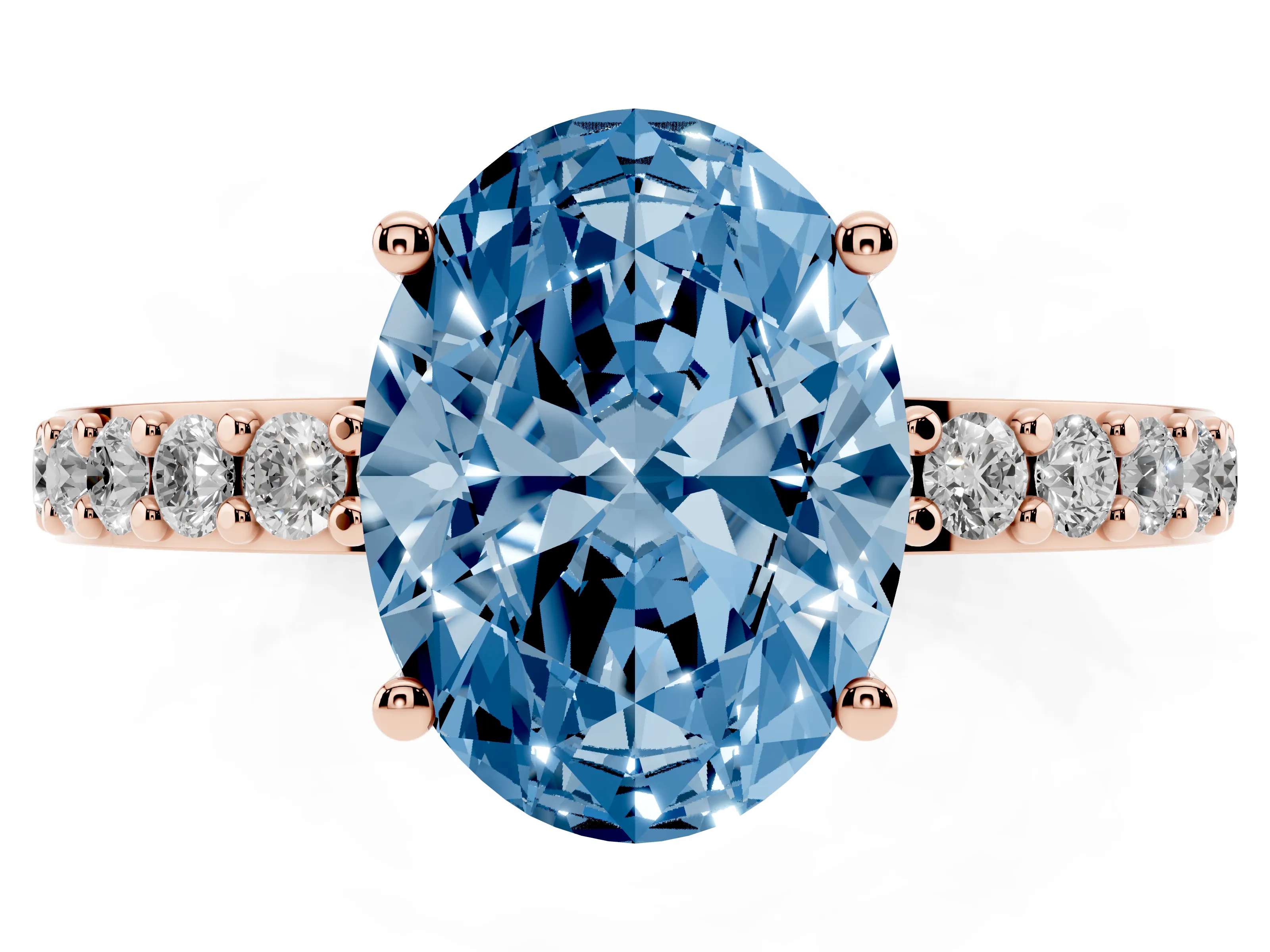 Fancy Blue Oval Cut Diamond Solitaire Set in Rose gold with Round Pavé Band and Prong Setting