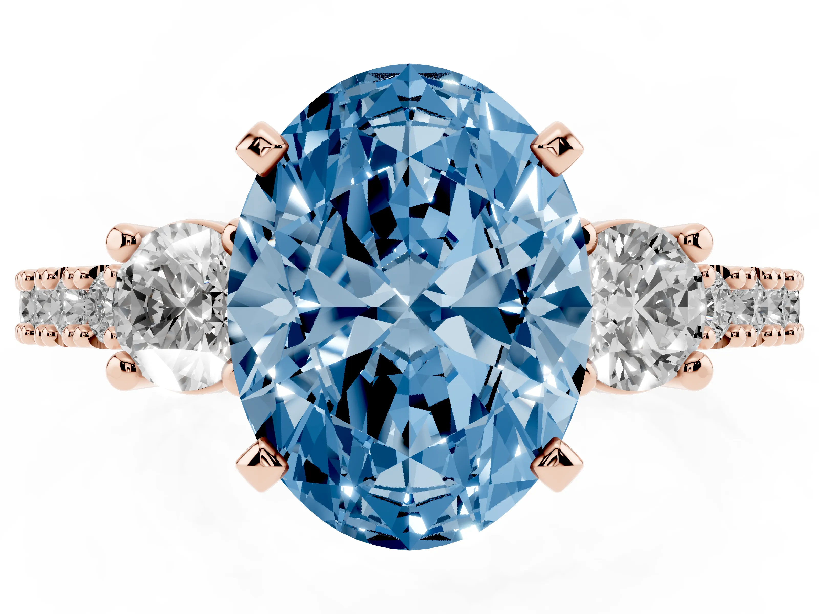 Fancy Blue Three-Stone Oval Cut Diamond Pavé Band Ring Set in Rose gold with Prong Setting