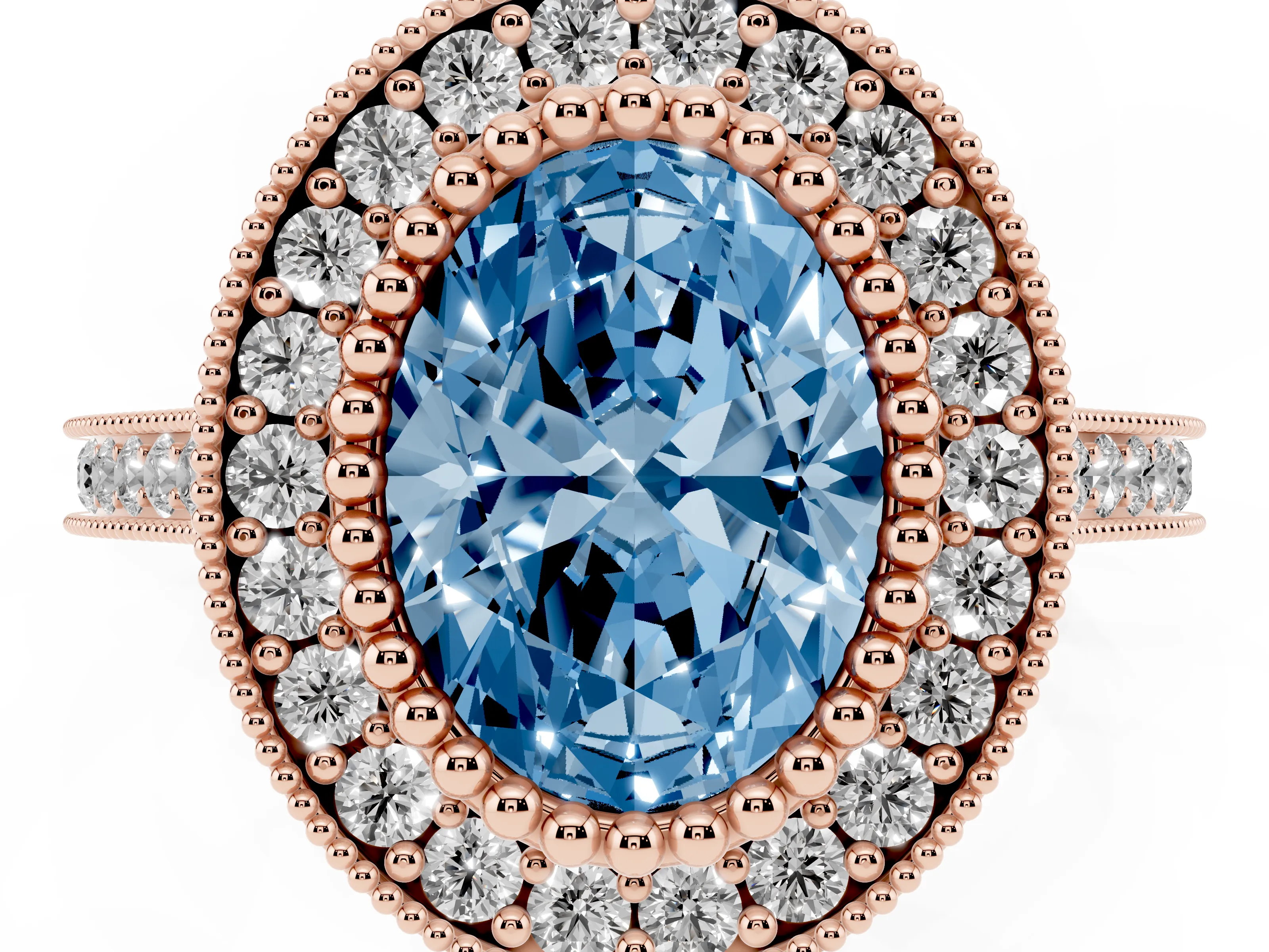 Fancy Blue Oval Cut Diamond Halo Ring Set in Rose gold with Milgrain Frame and Pavé Band