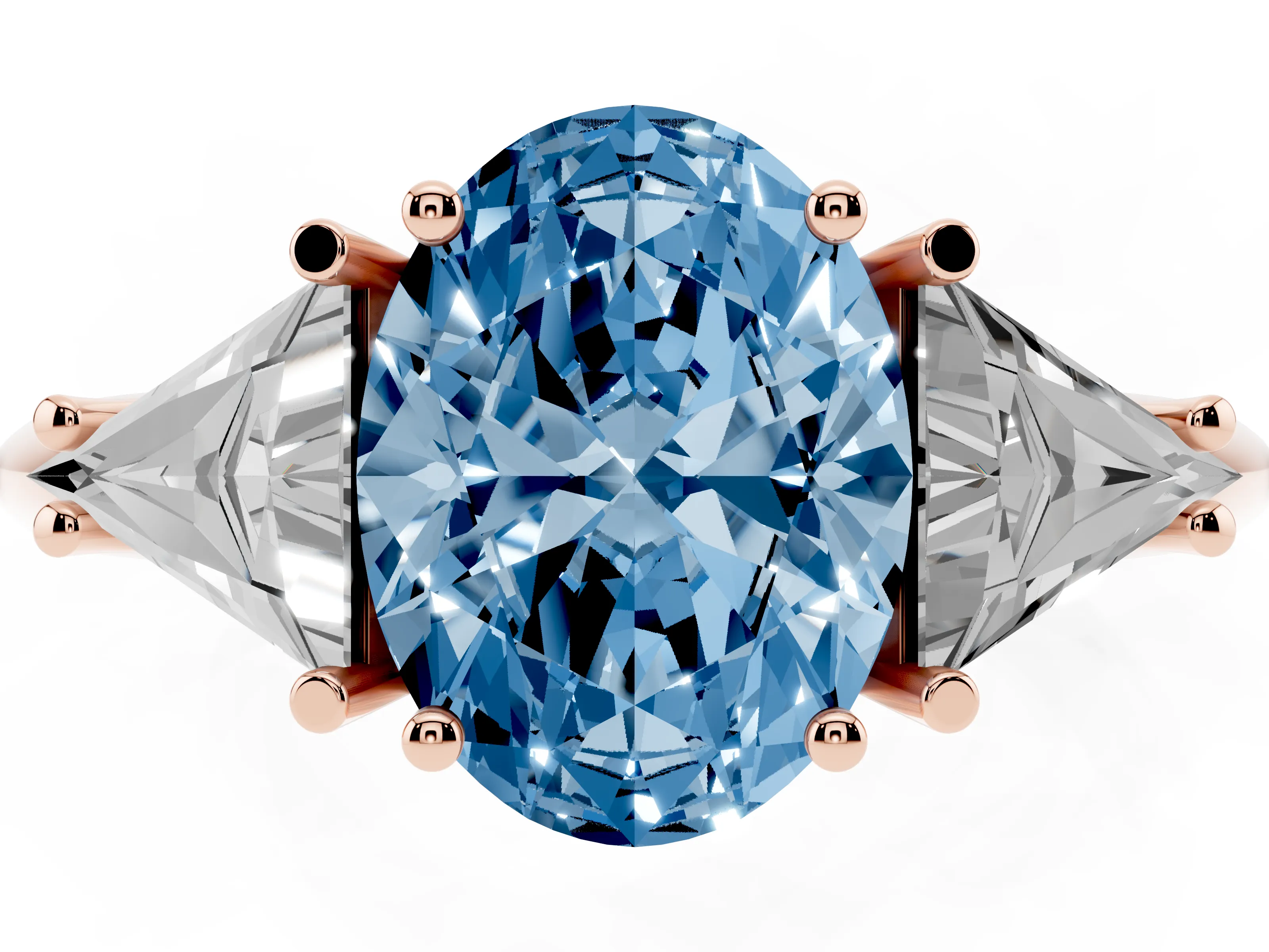 Fancy Blue Oval Cut Diamond Three-Stone Engagement Ring Set in Rose gold with Trillion Side Stones