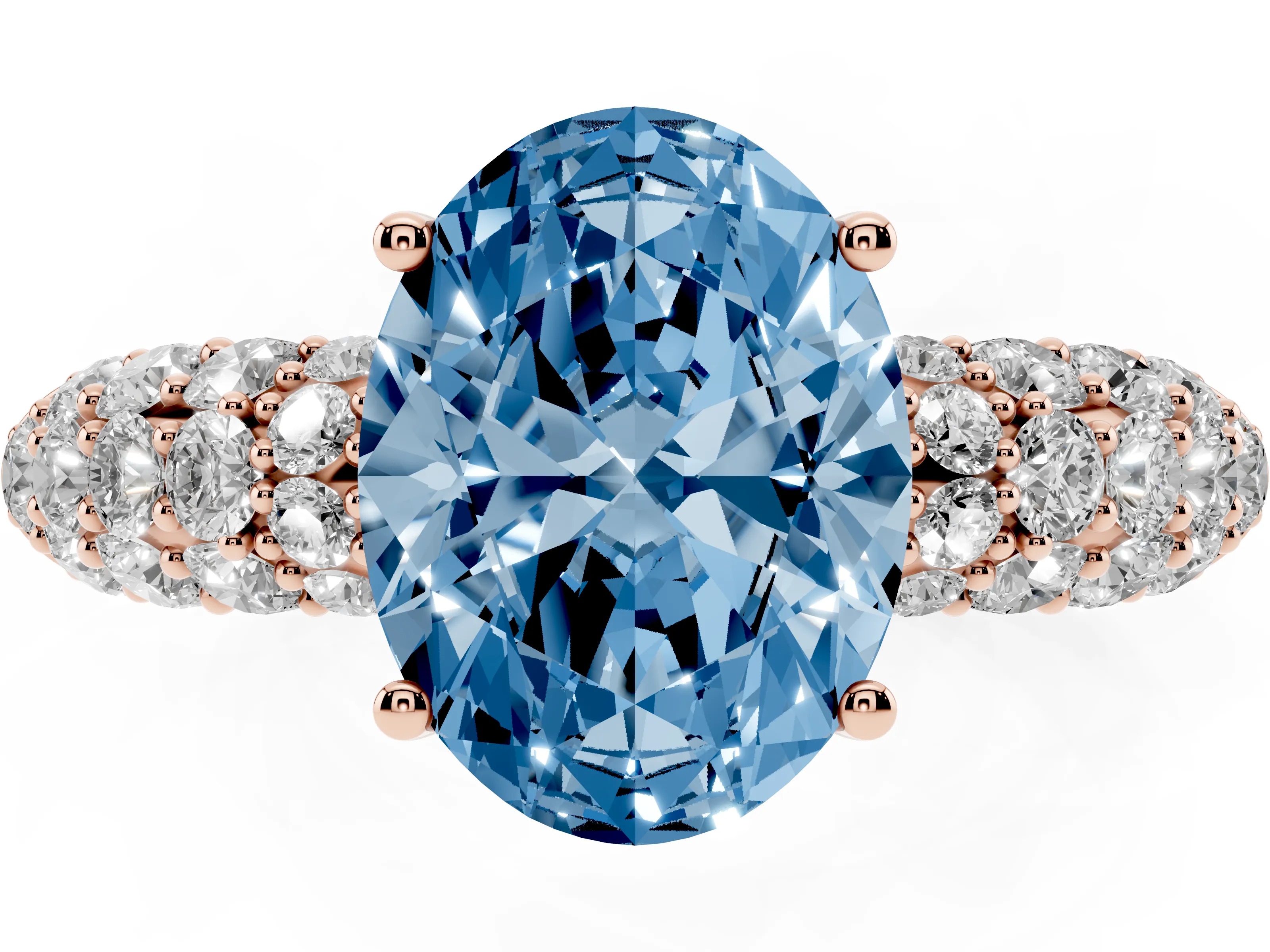 Fancy Blue Oval Cut Diamond Pavé Band Solitaire Ring Set in Rose gold with Close-Set Accent Stones and Prong Setting