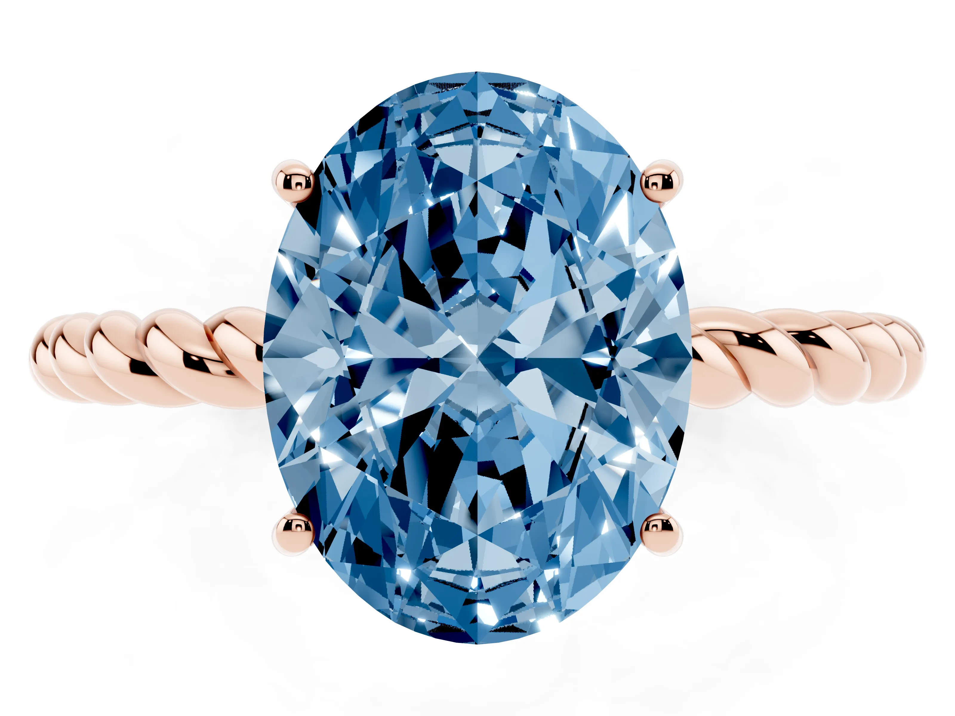 Fancy Blue Oval Cut Diamond Solitaire Twisted Band Ring Set in Rose gold with Prong Solitaire Setting