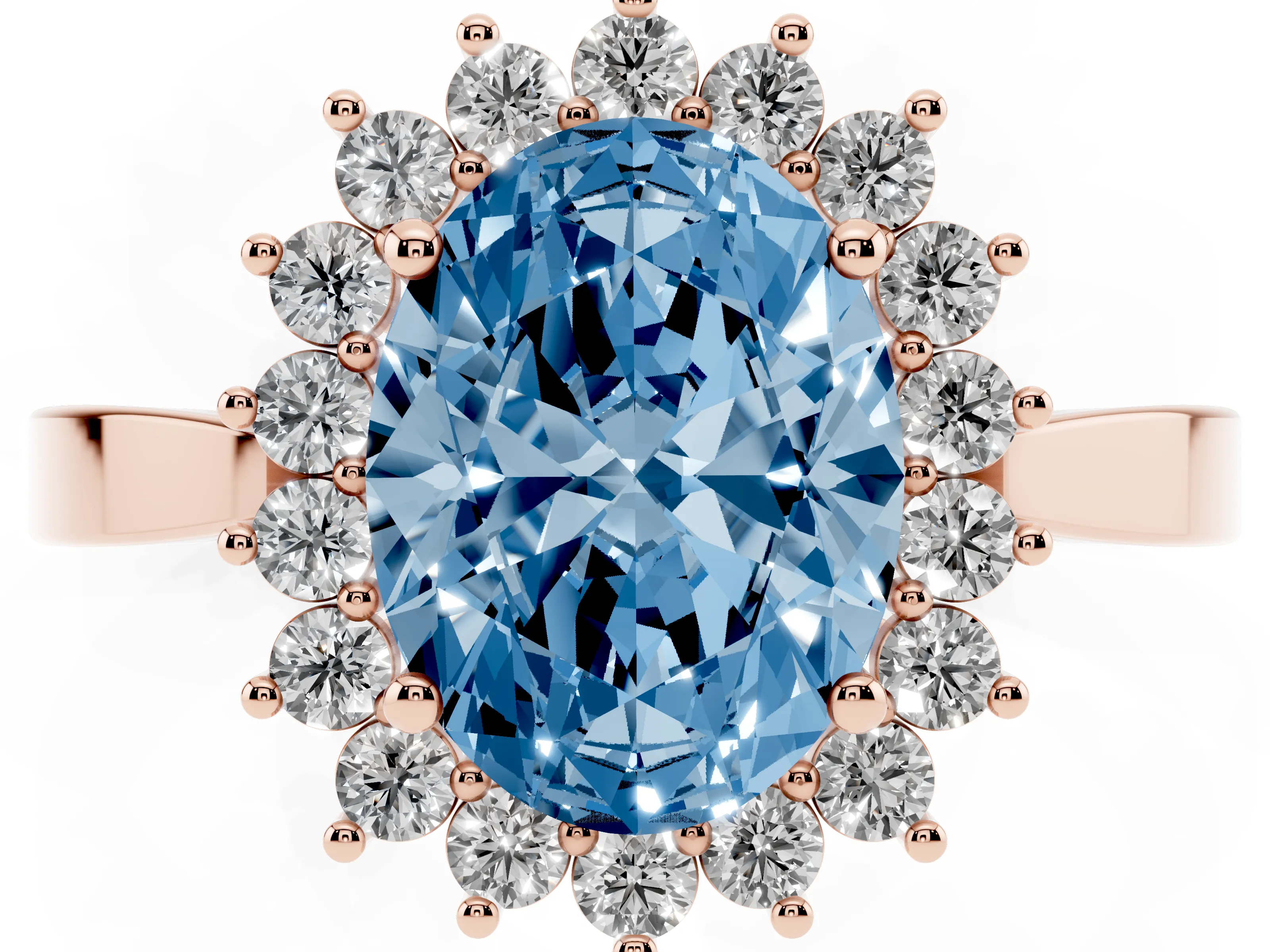 Fancy Blue Oval Cut Diamond Halo Ring Set in Rose gold with Round Halo and Smooth Solitaire Band