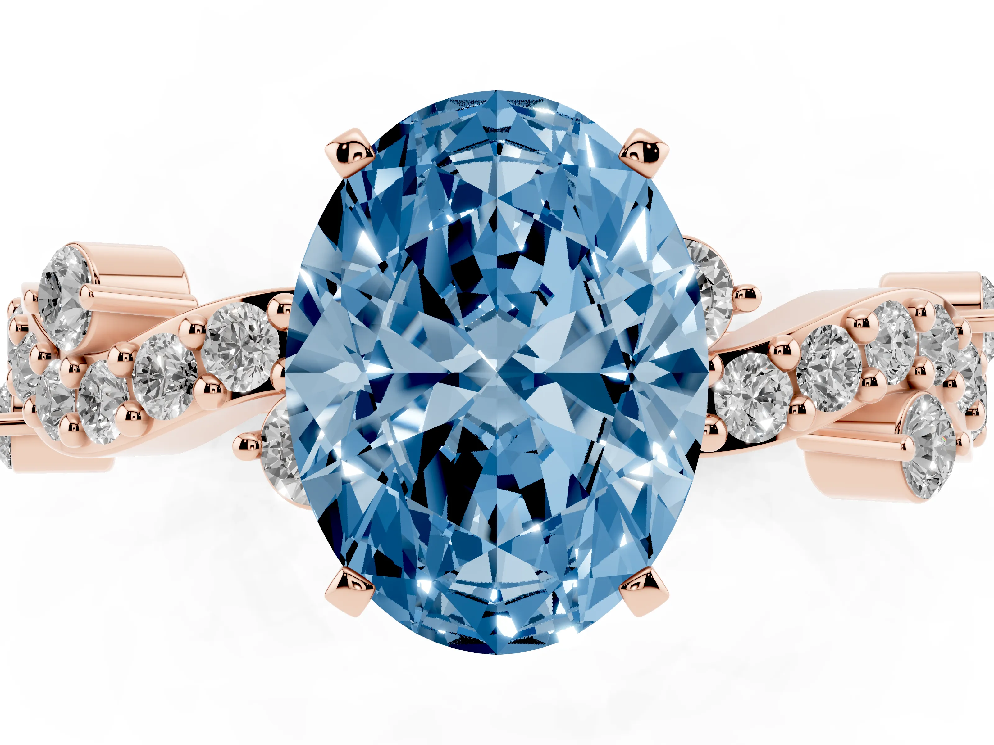 Fancy Blue Oval Cut Diamond Solitaire Twisted Band Set in Rose gold with Pavé Setting