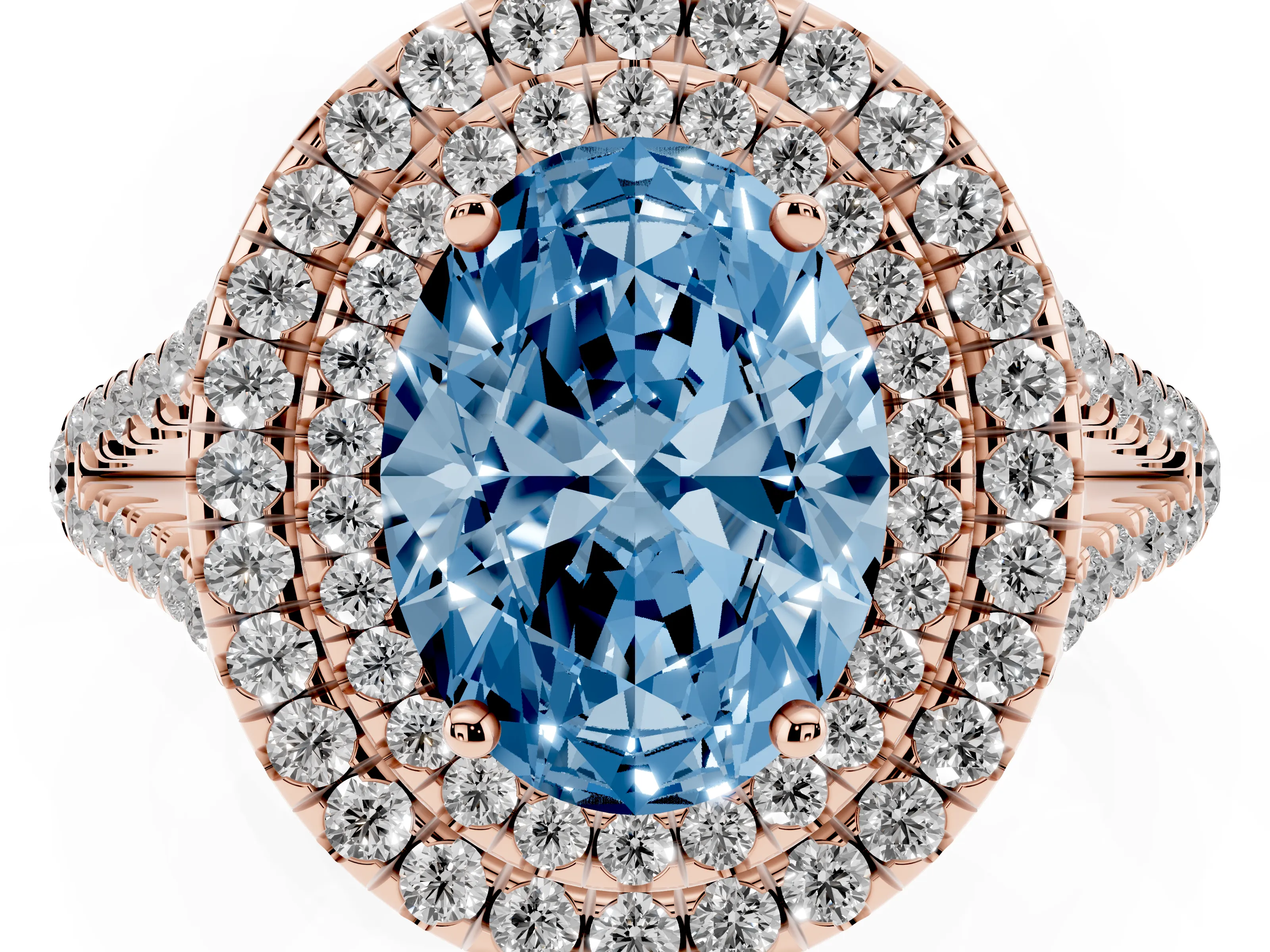 Fancy Blue Oval Cut Diamond Double Halo Ring Set in Rose gold with Pavé Band