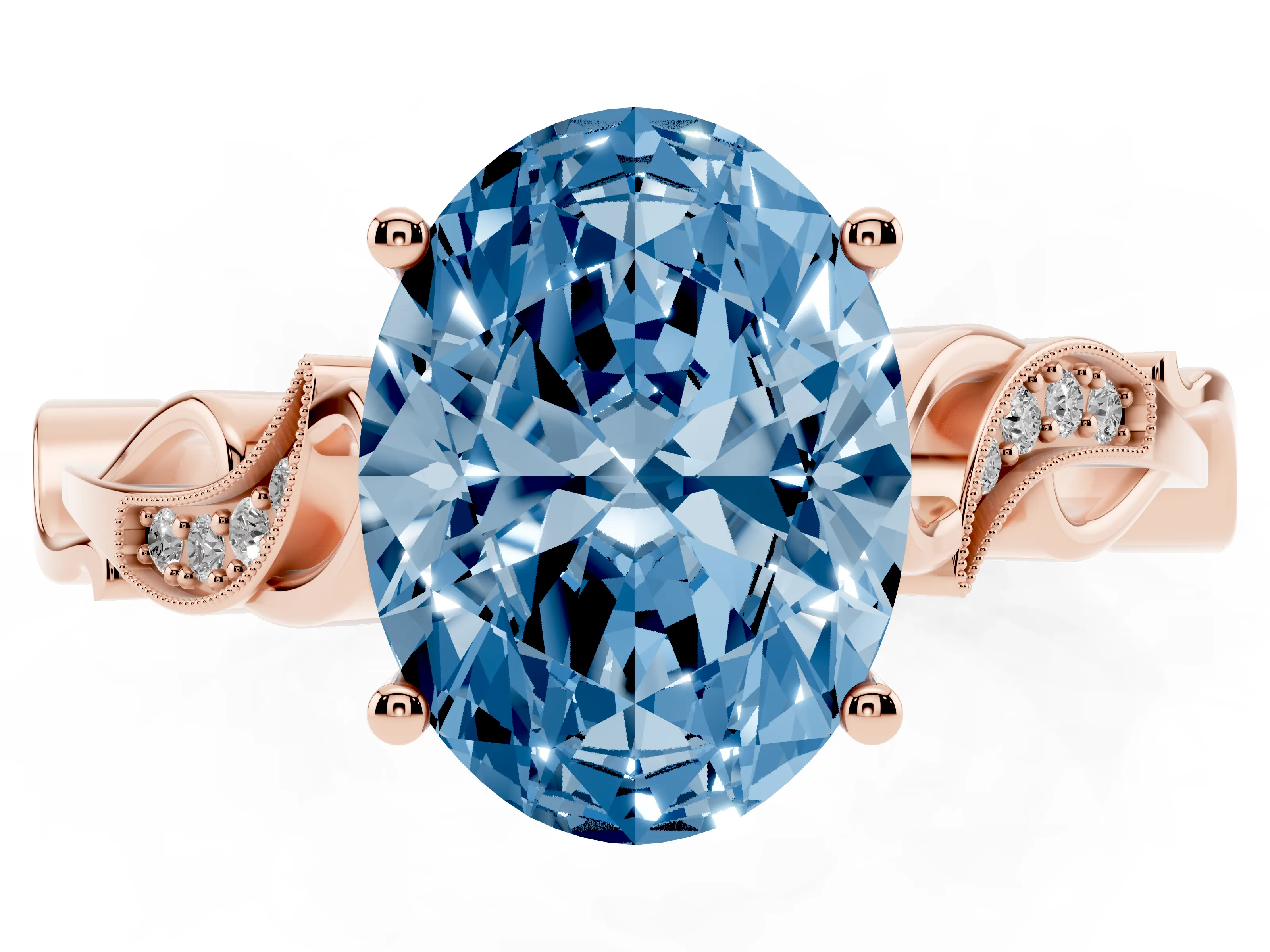 Fancy Blue Oval Cut Diamond Vine Band Solitaire Ring Set in Rose gold with Milgrain Prong Setting