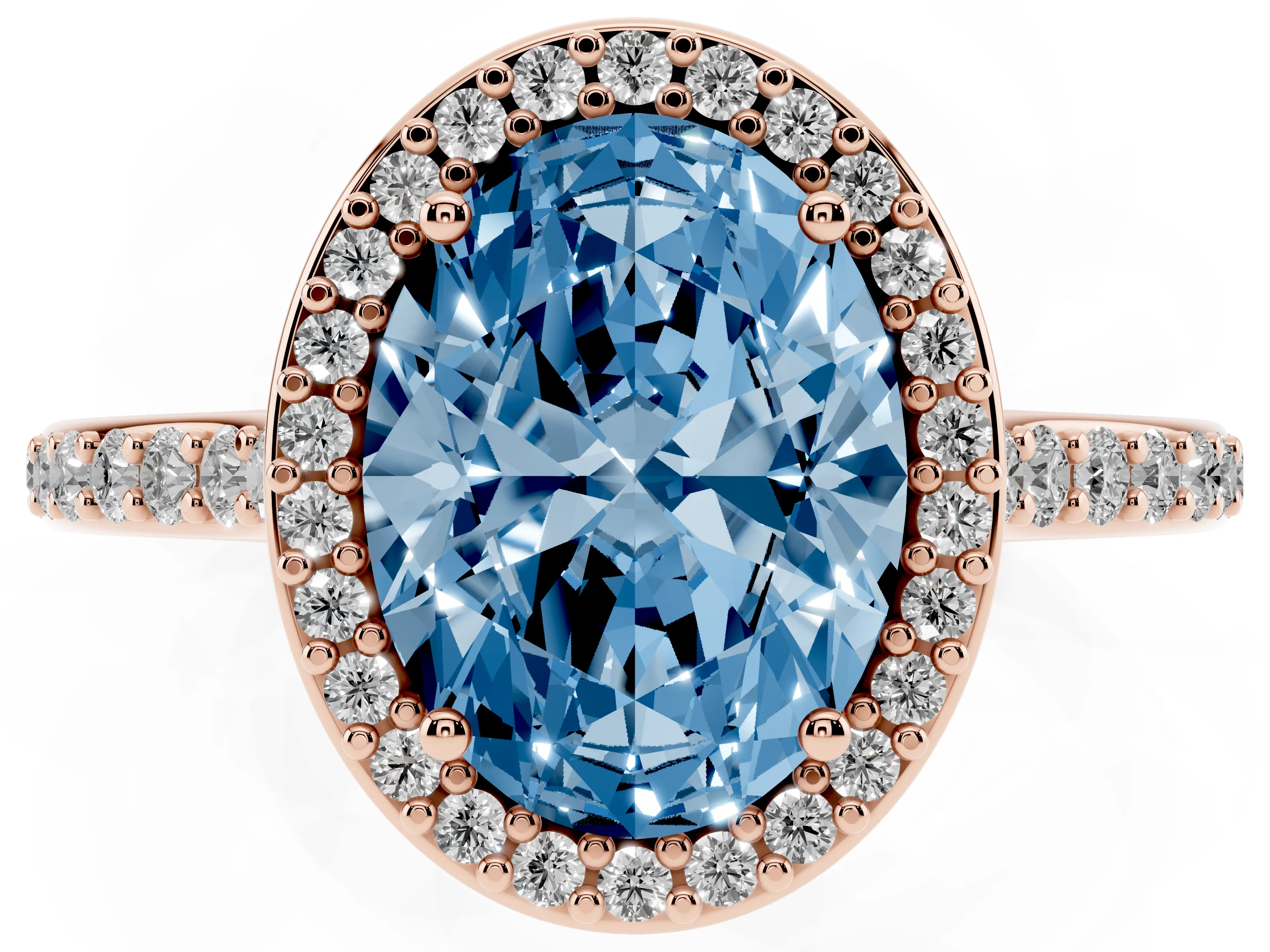 Fancy Blue Oval Cut Diamond Halo Engagement Ring Set in Rose gold with Round Pavé Shoulders and Heart Gallery