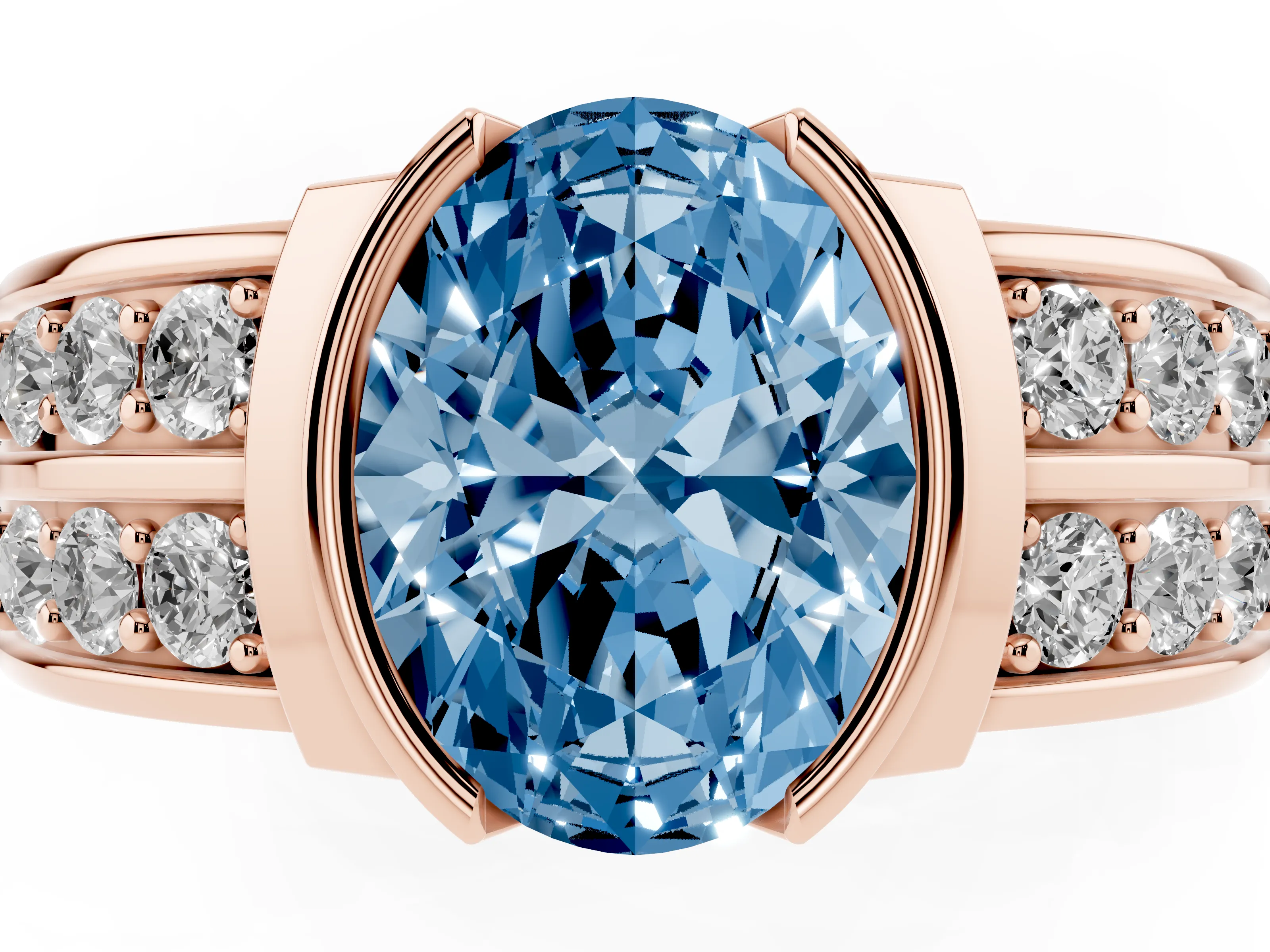 Fancy Blue Oval Cut Diamond Wide Channel Set Band Ring Set in Rose gold with Bezel Setting