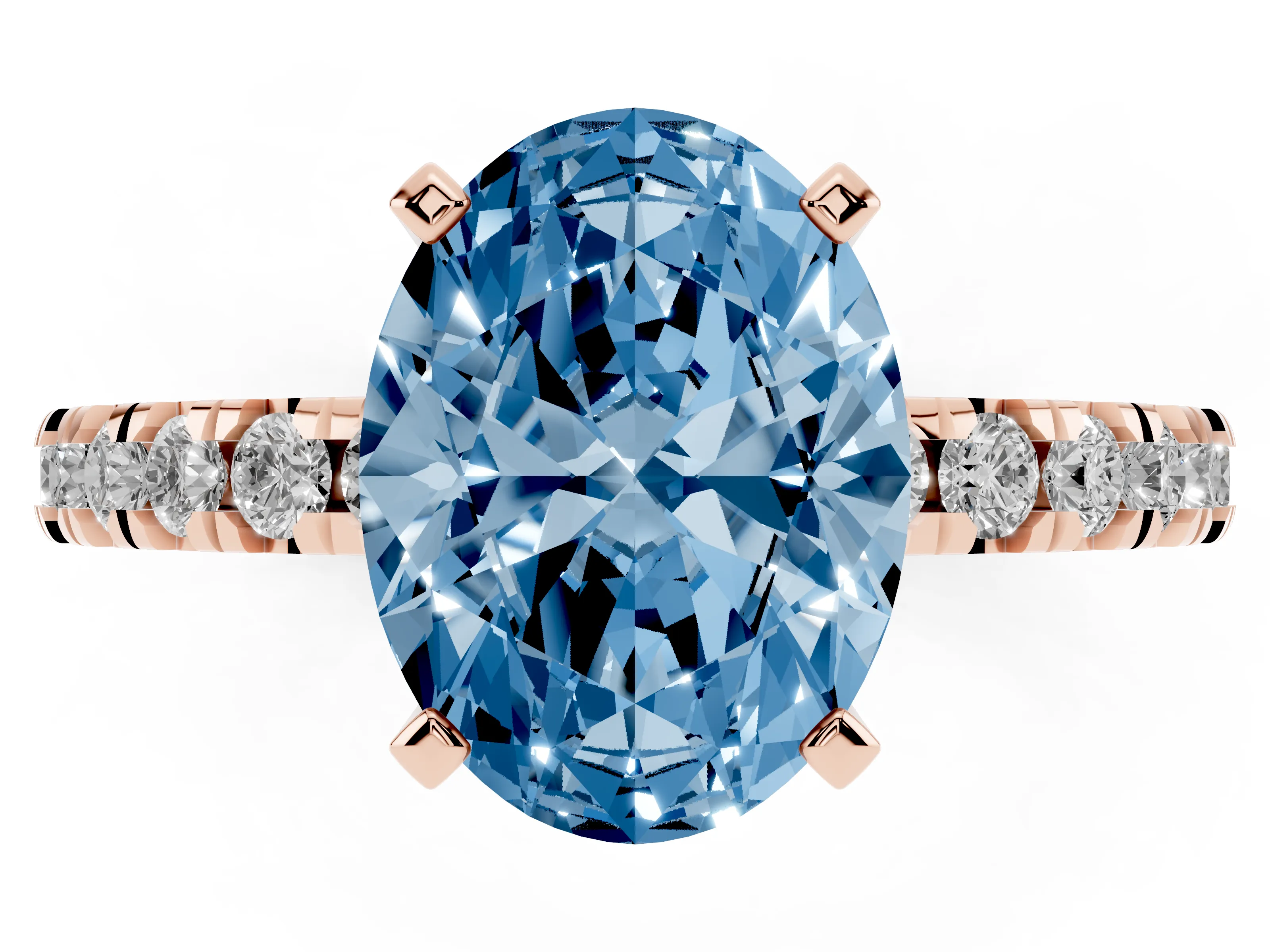 Fancy Blue Oval Cut Diamond Pavé Band Solitaire Set in Rose gold with Prong Setting