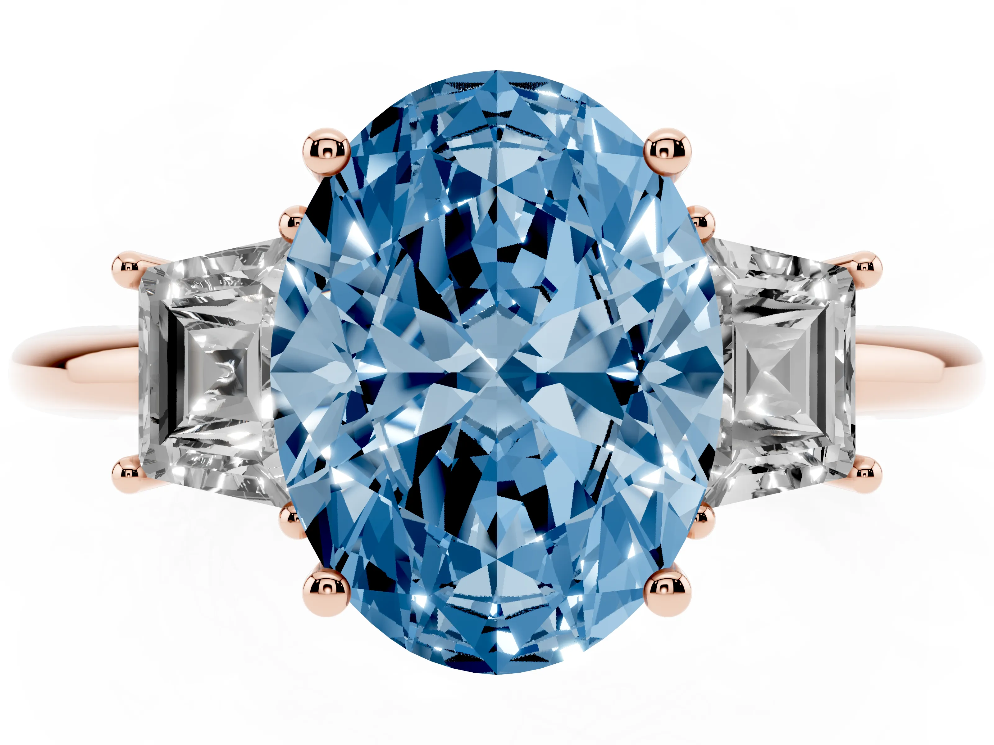 Fancy Blue Oval Cut Diamond Three-Stone Ring Set in Rose gold with Trapezoid Side Stones and Prong Setting