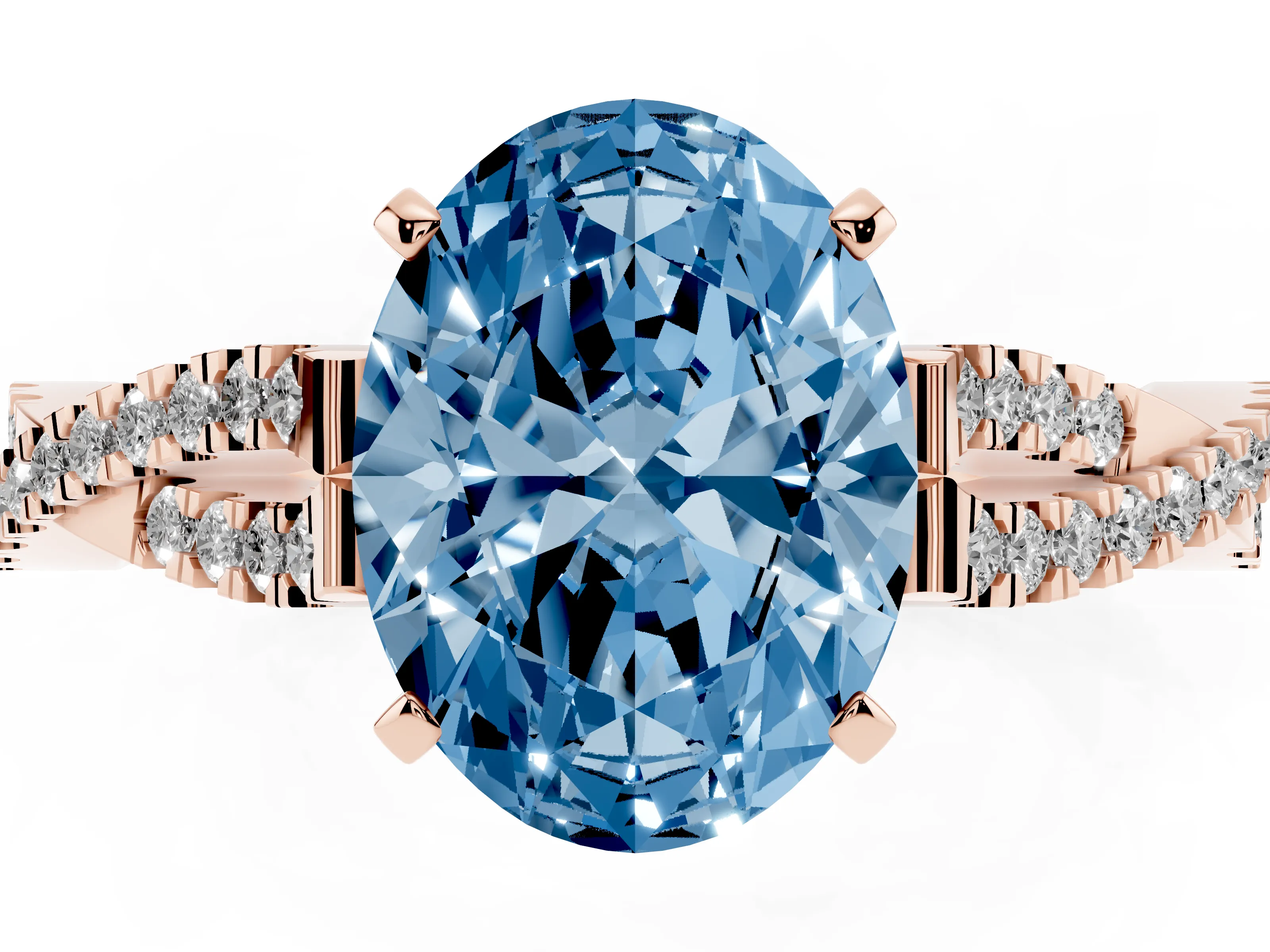 Fancy Blue Oval Cut Diamond Solitaire Engagement Ring Set in Rose gold with Twisted Pavé Band and Prong Setting
