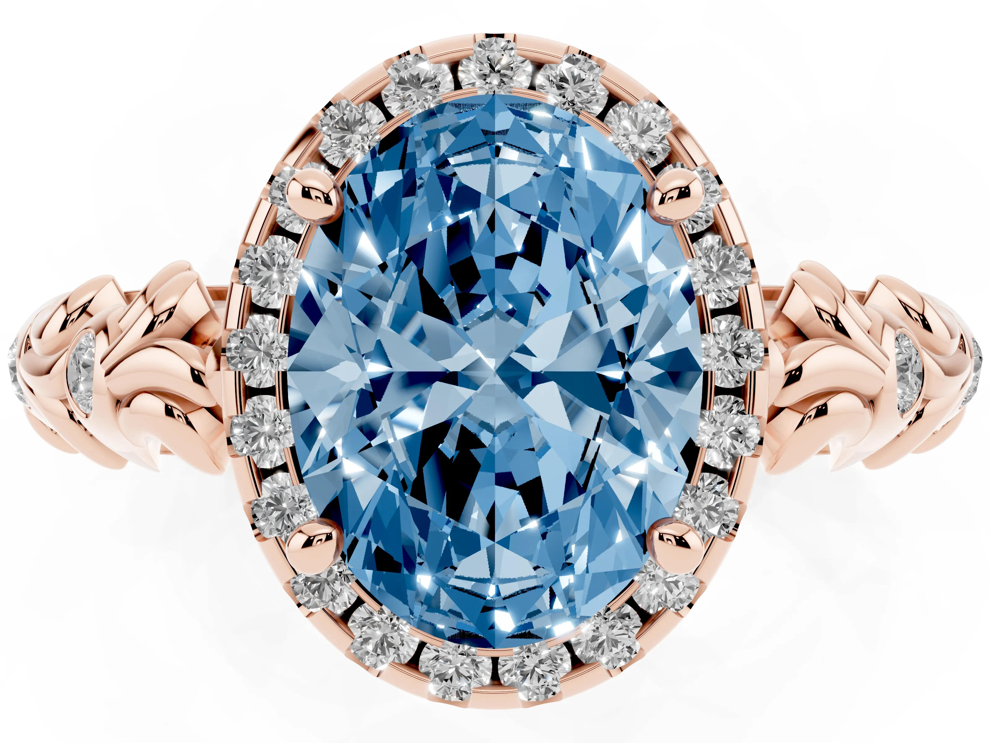 Fancy Blue Oval Cut Diamond Halo Ring Set in Rose gold with Filigree Leaf Band and Prong Setting
