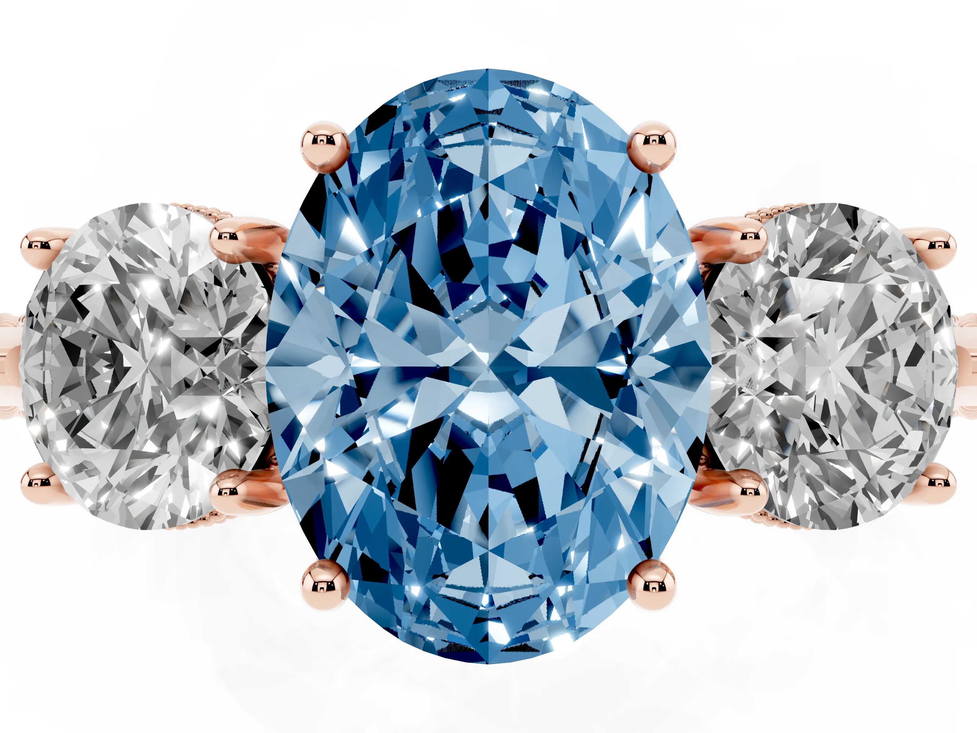 Fancy Blue Oval Cut Diamond Three-Stone Ring Set in Rose gold with Milgrain Band
