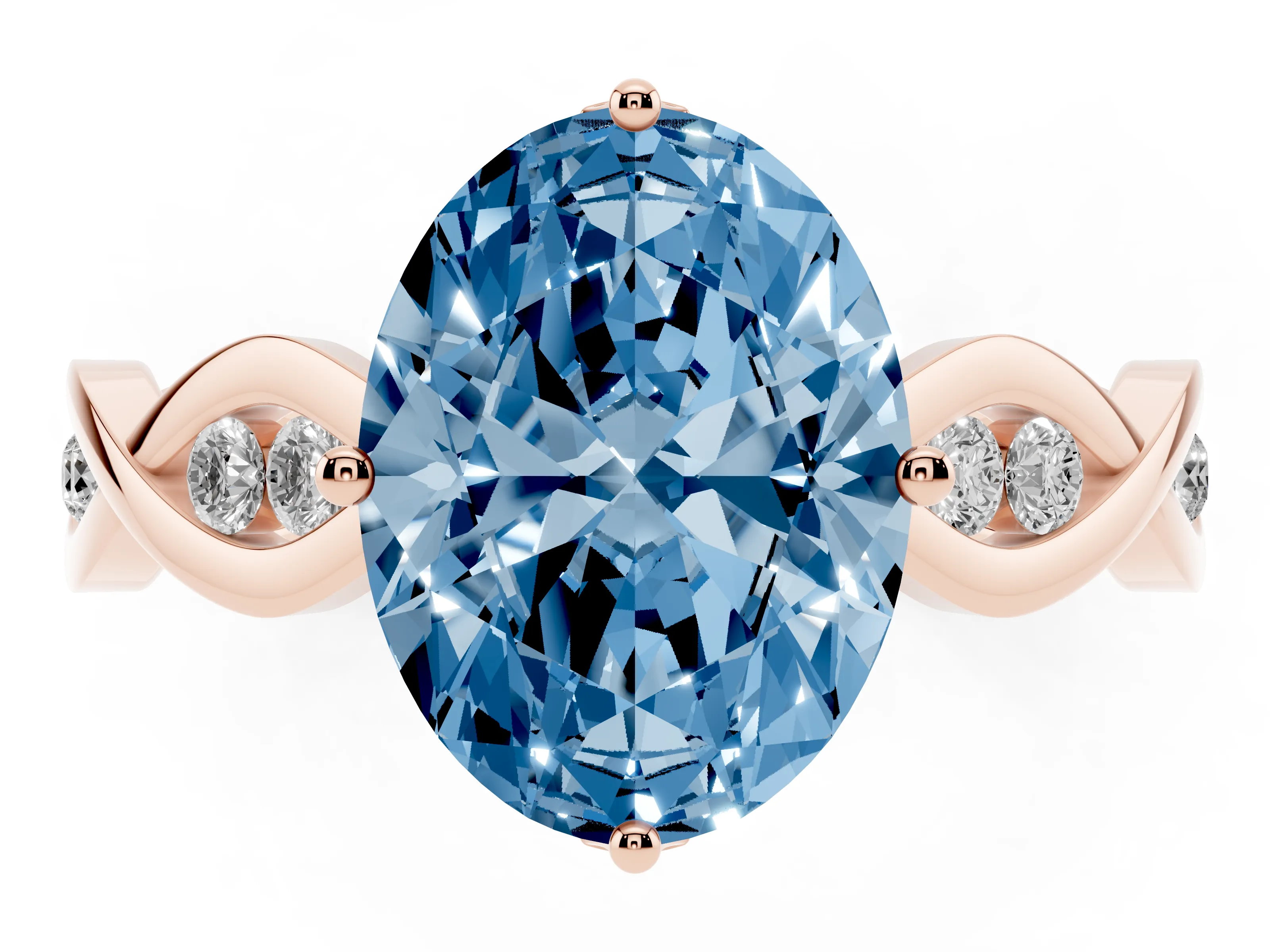 Fancy Blue Oval Cut Diamond Twist Band Solitaire Ring Set in Rose gold with Leaf Prong Setting and Accent Stones