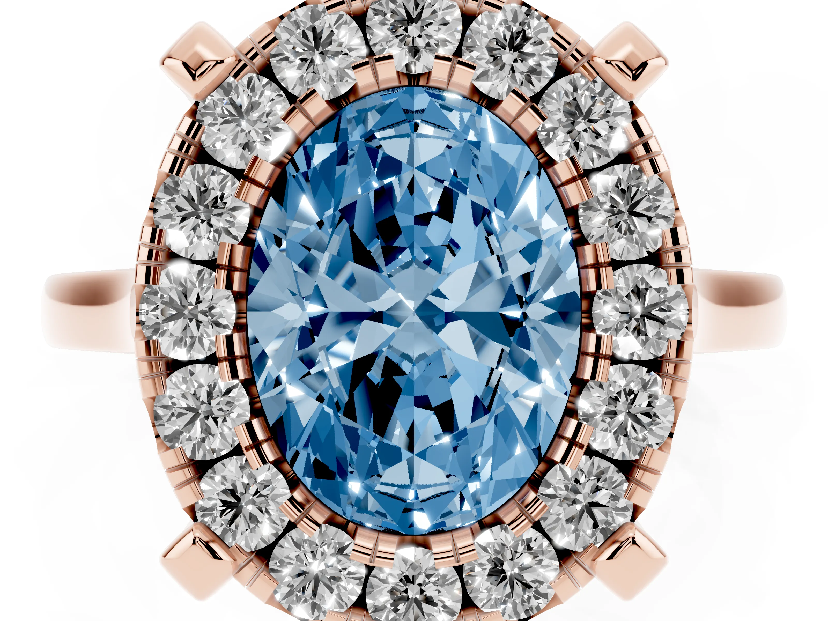 Fancy Blue Oval Cut Diamond Cluster Halo Solitaire Ring Set in Rose gold with Prong Setting
