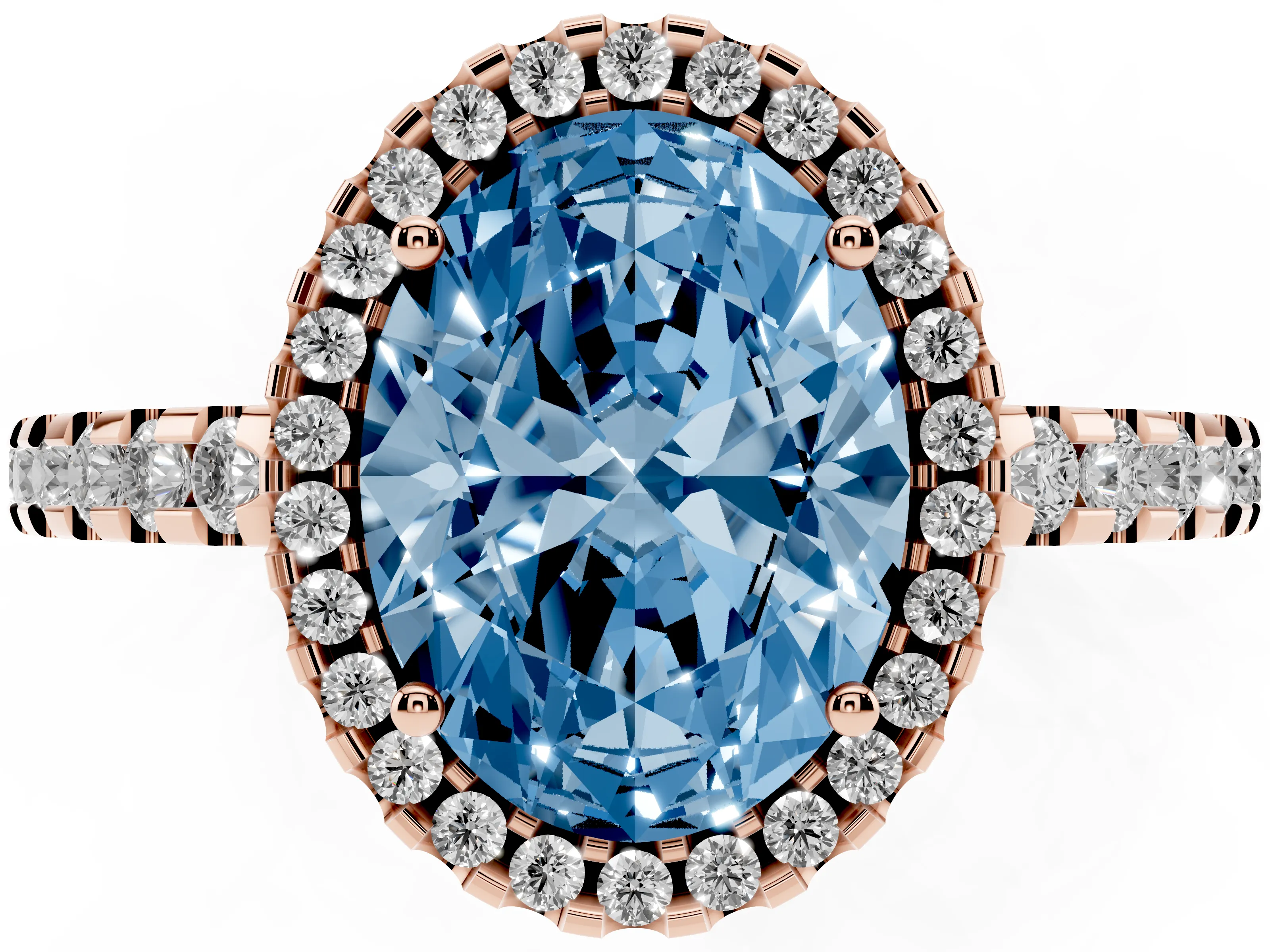 Fancy Blue Oval Cut Diamond Halo Ring Set in Rose gold with Pavé Shoulders and Halo-Framed Center