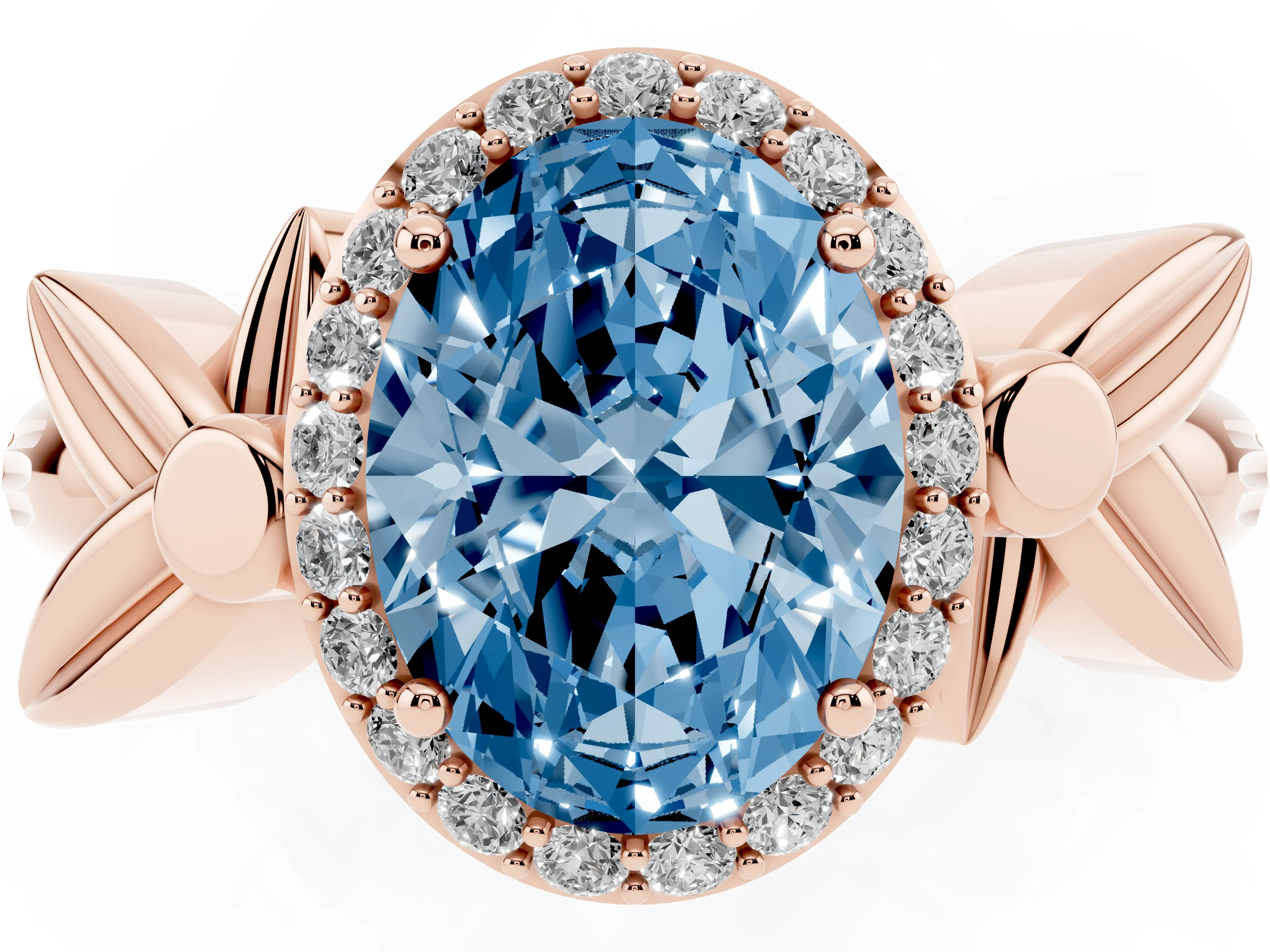 Fancy Blue Oval Cut Diamond Halo Floral Band Ring Set in Rose gold with Prong Setting