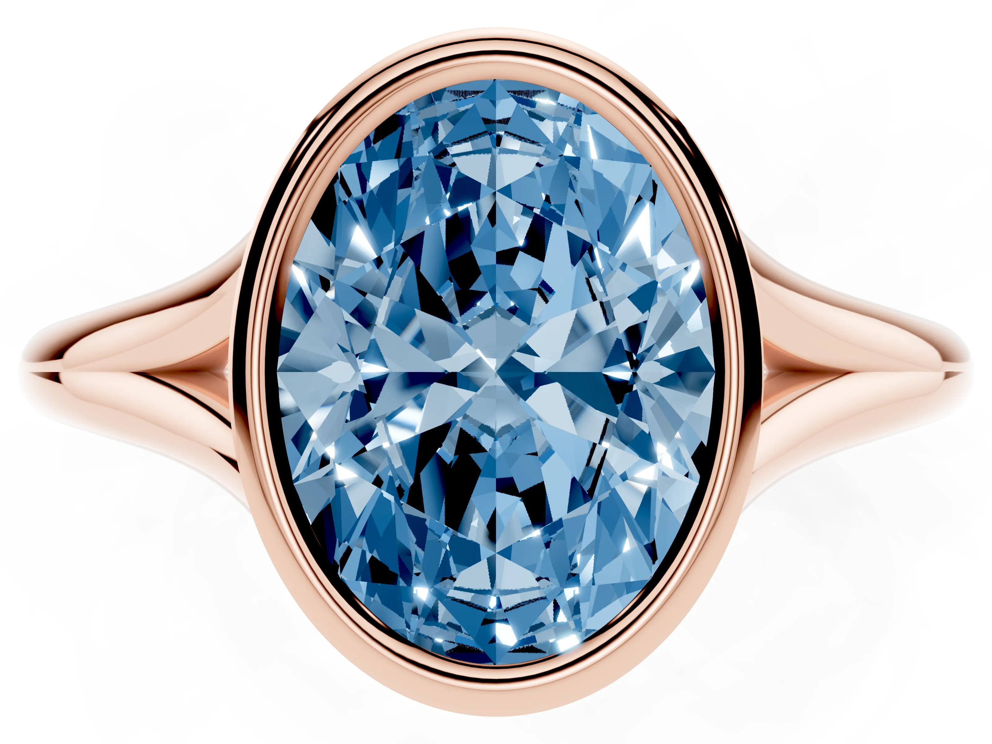 Fancy Blue Bezel Set Oval Cut Diamond Solitaire Ring Set in Rose gold with Tapered Band