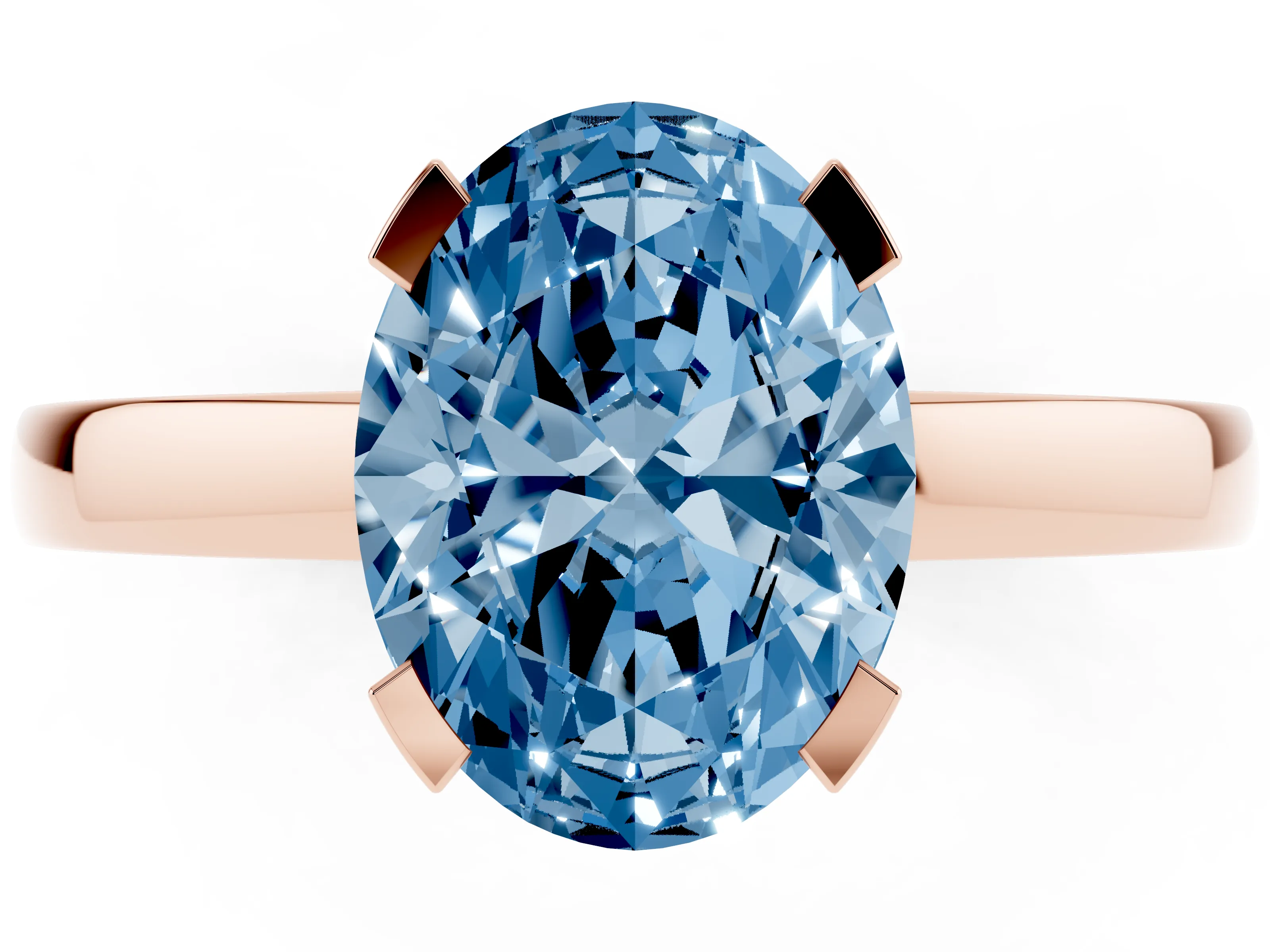 Fancy Blue Oval Cut Diamond Solitaire Ring Set in Rose gold with Prong Head and Smooth Polished Band