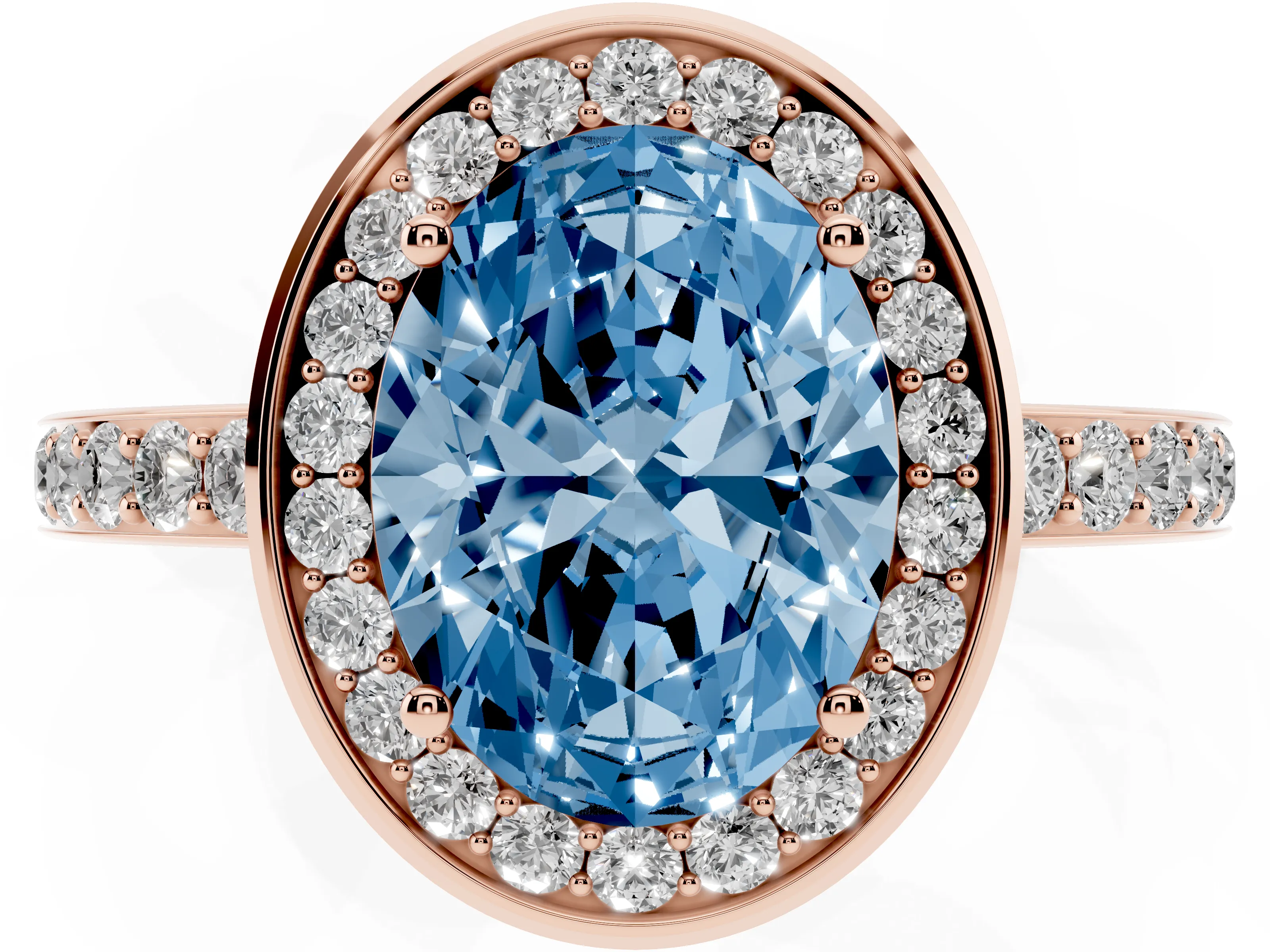 Fancy Blue Oval Cut Diamond Halo Ring Set in Rose gold with Bezel Frame and Pavé Band