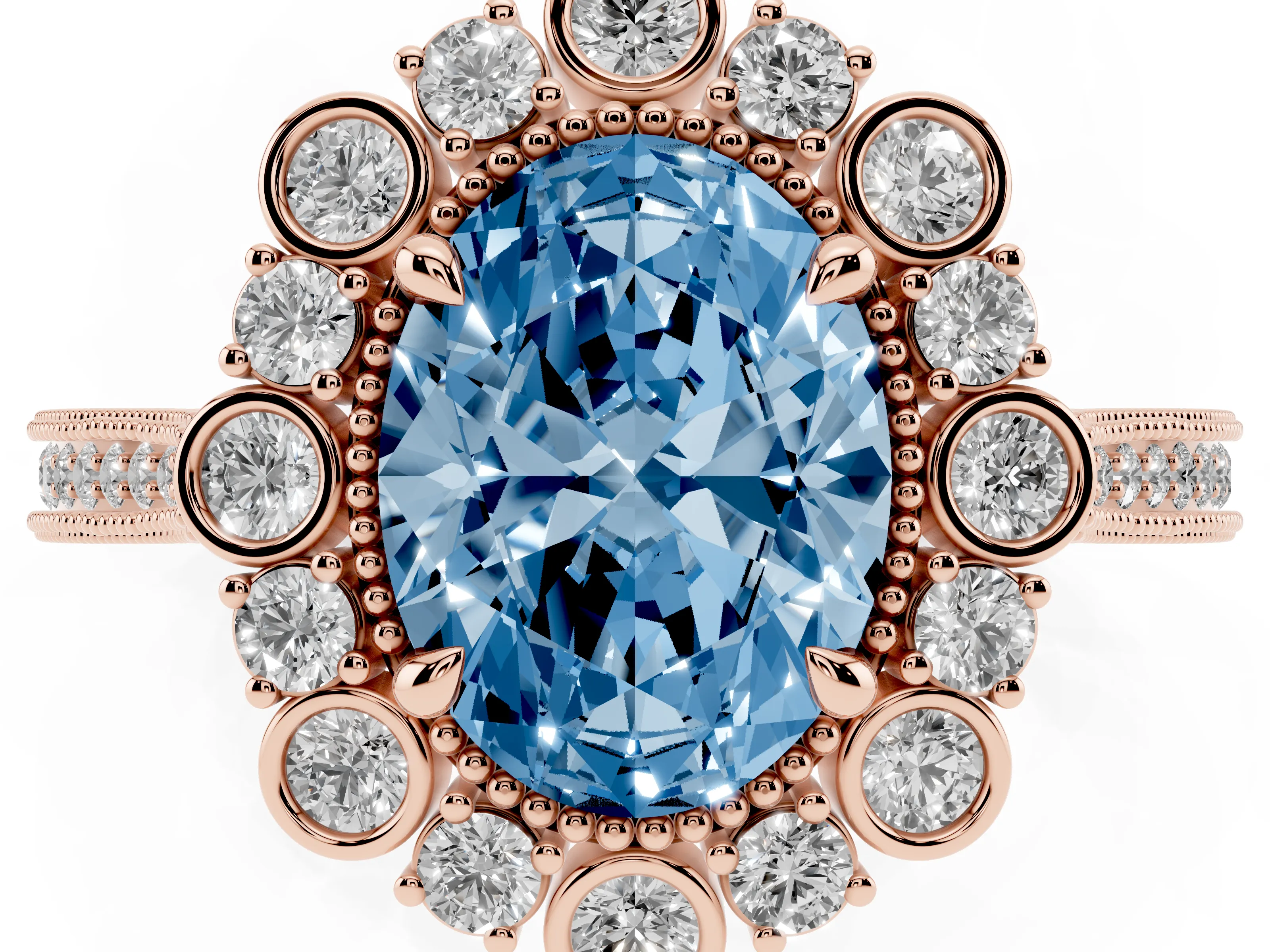 Fancy Blue Oval Cut Diamond Halo Milgrain Pavé Ring Set in Rose gold with Prong Setting