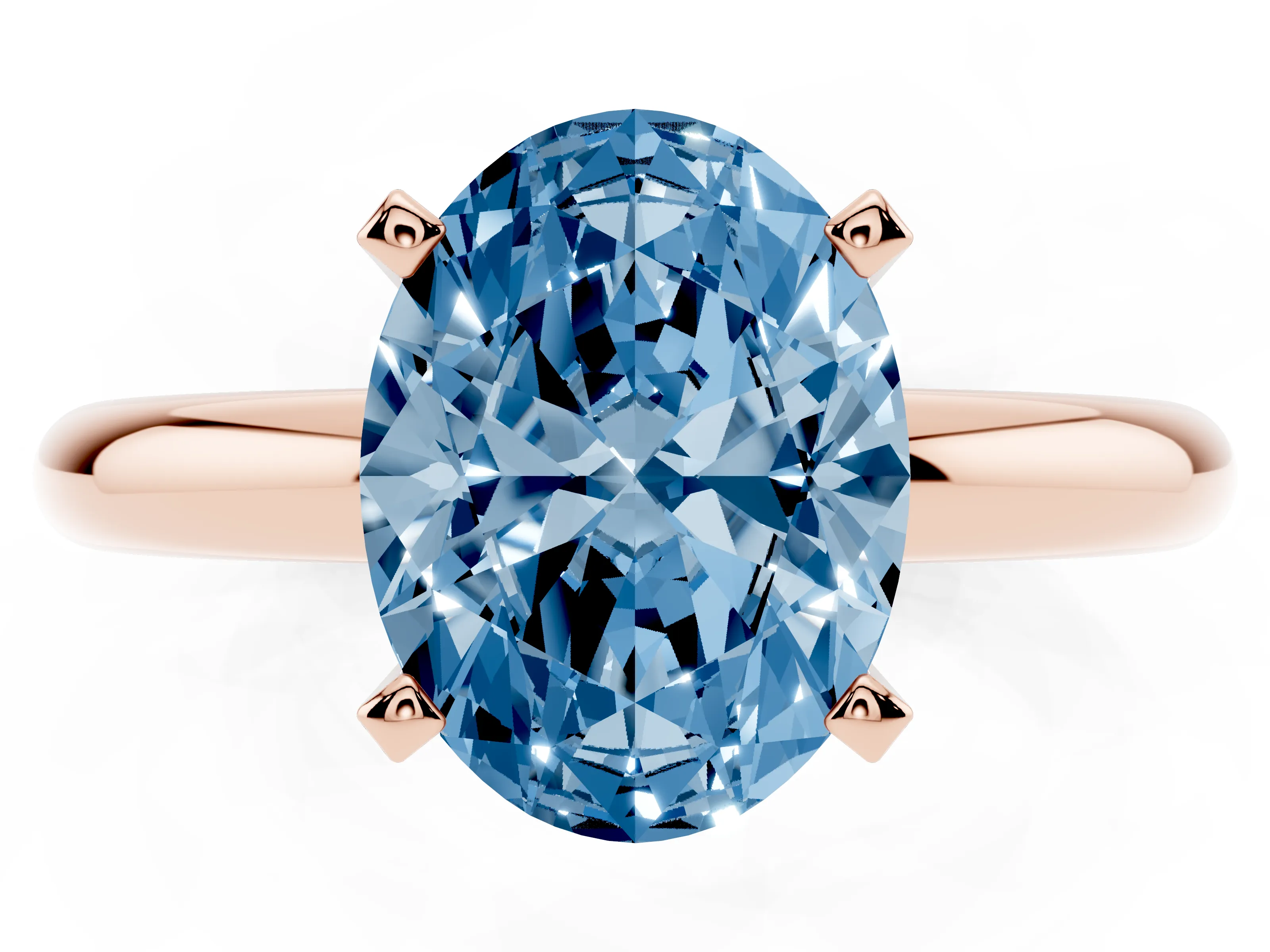 Fancy Blue Oval Cut Diamond Solitaire Engagement Ring Set in Rose gold with Round Band and Prong Setting