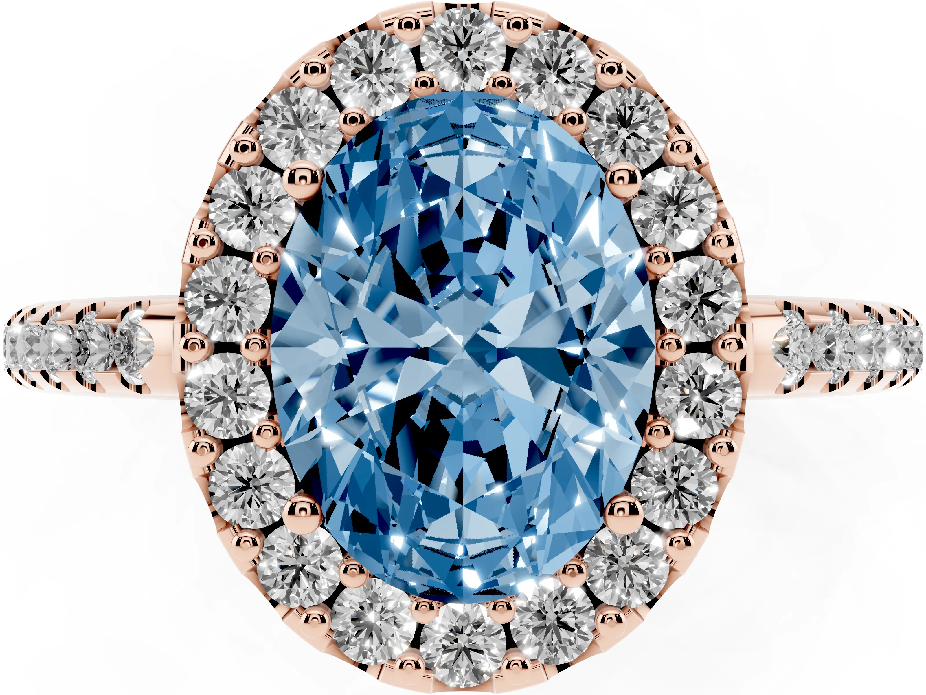 Fancy Blue Oval Cut Diamond Pavé Halo Ring Set in Rose gold with Prong Setting