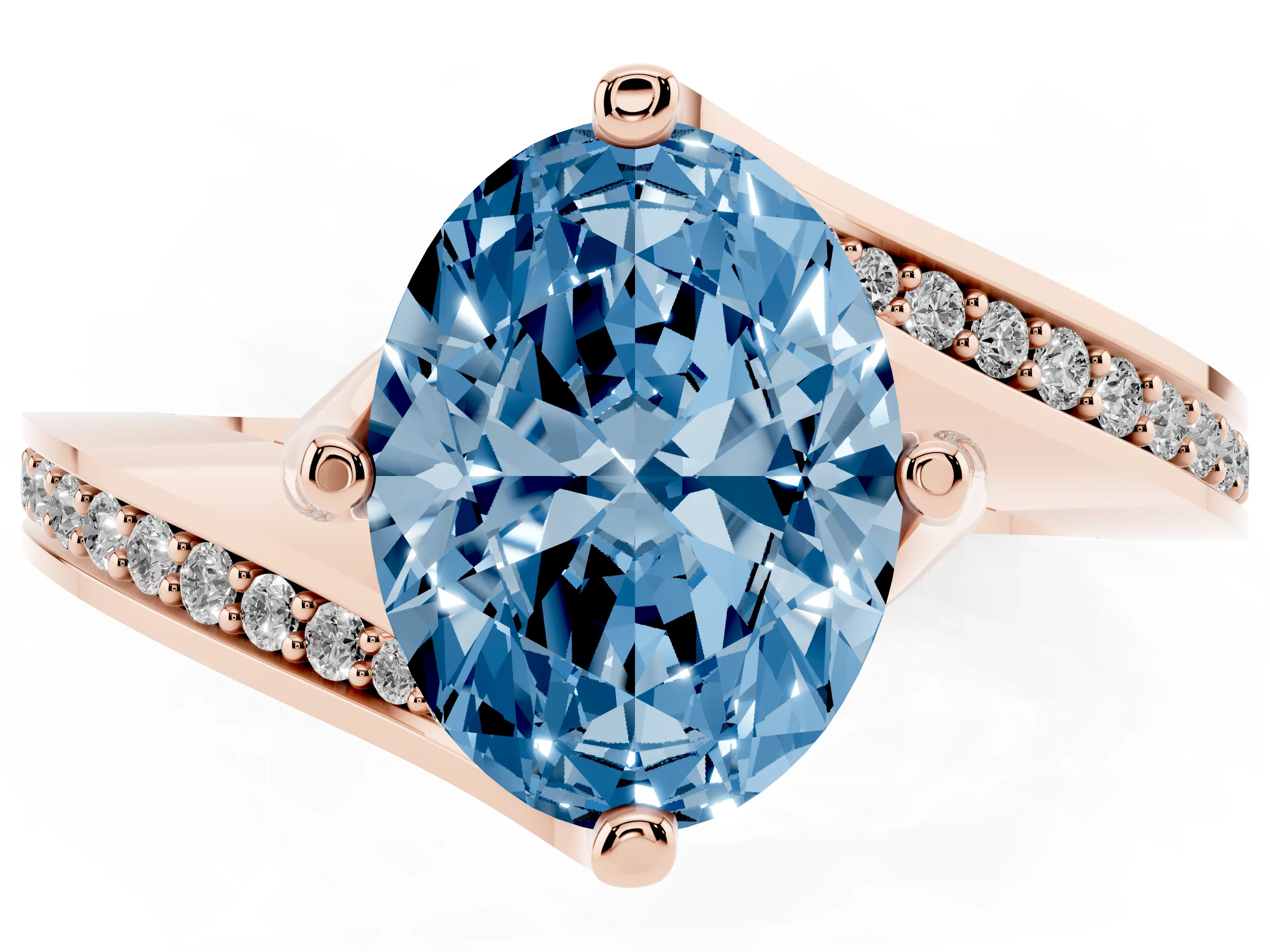 Fancy Blue Oval Cut Diamond Solitaire Ring Set in Rose gold with Intertwined Pavé Twist Band