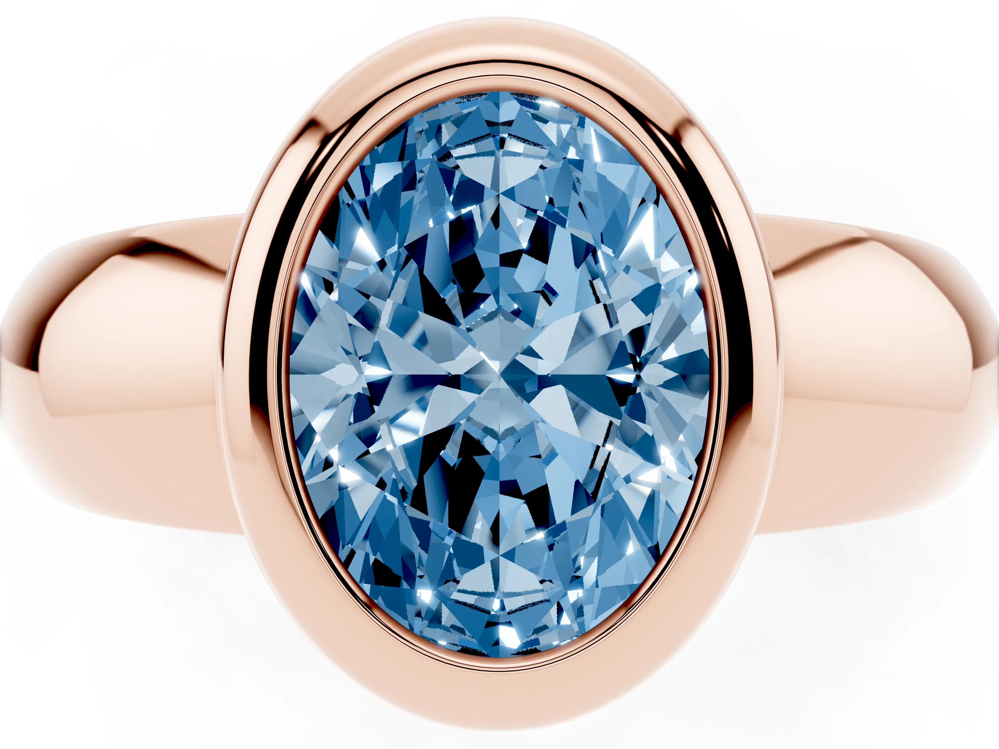 Fancy Blue Bezel Set Oval Cut Diamond Solitaire Ring Set in Rose gold with Wide Band