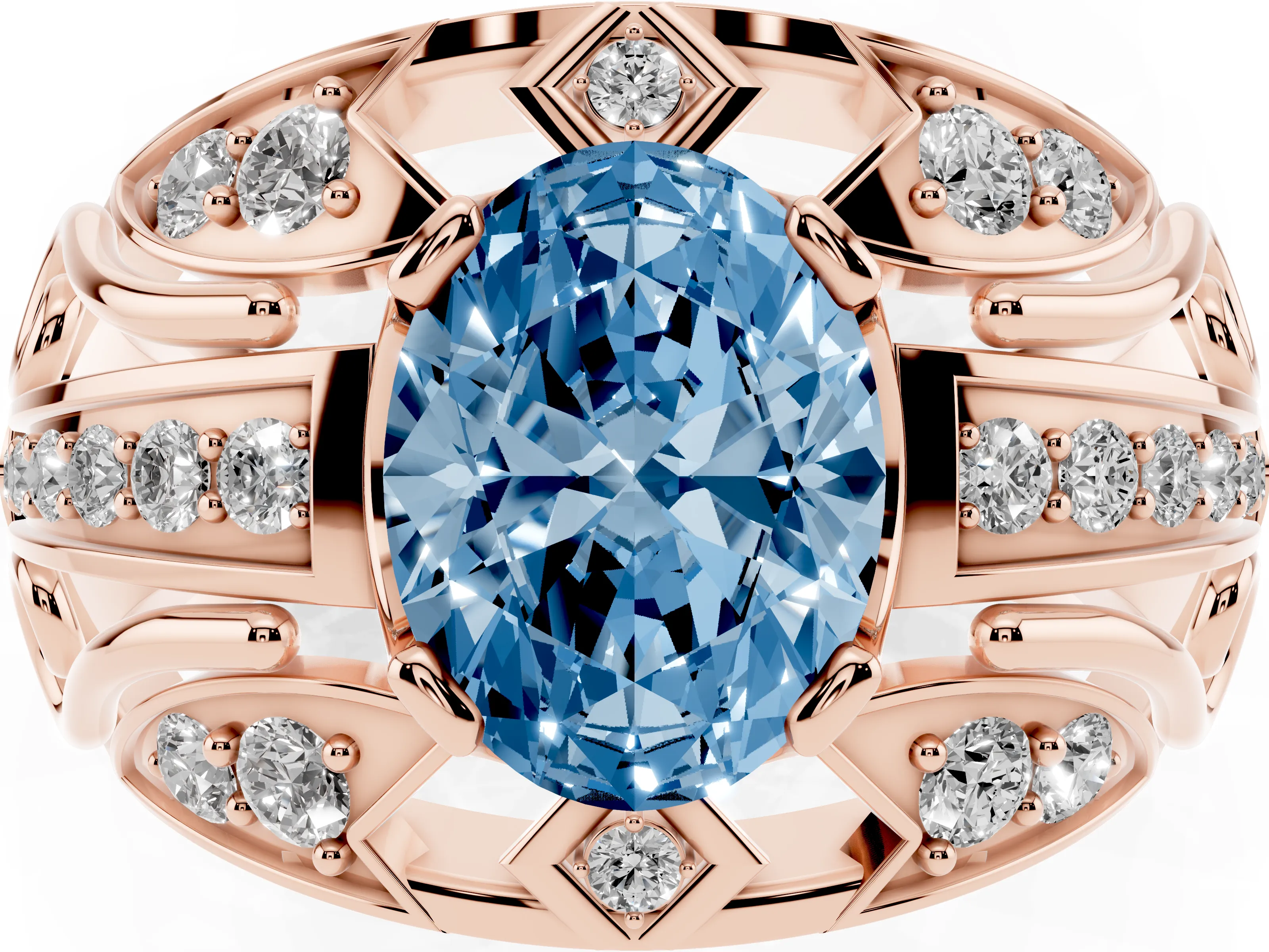 Fancy Blue Oval Cut Diamond Art Deco Ring Set in Rose gold with Pavé Split Shank