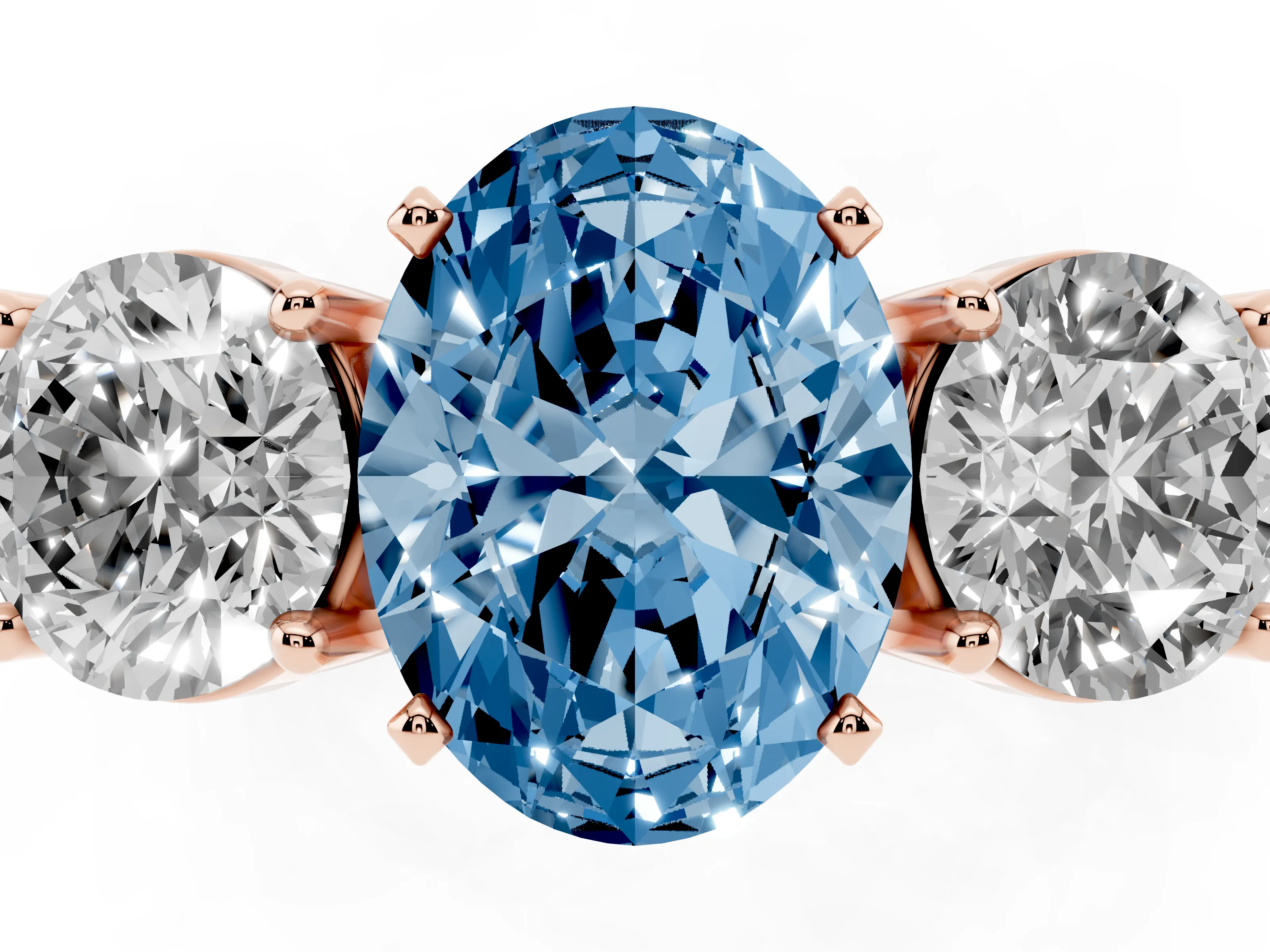 Fancy Blue Oval Cut Diamond Three-Stone Ring Set in Rose gold with Round Side Stones and Classic Band