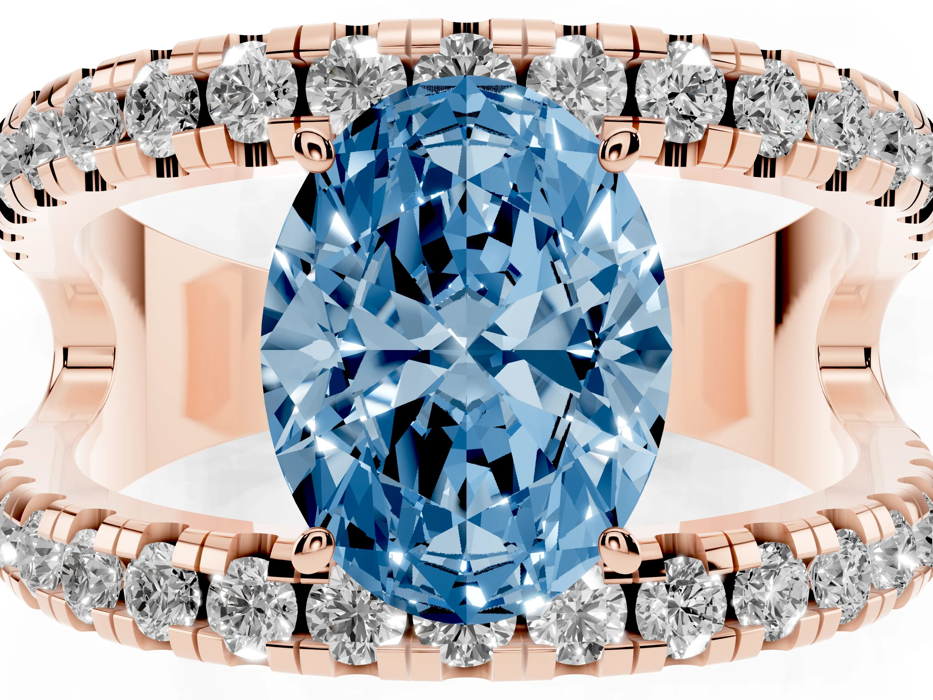 Fancy Blue Oval Cut Diamond Split Shank Pavé Solitaire Ring Set in Rose gold with Open Shank Design