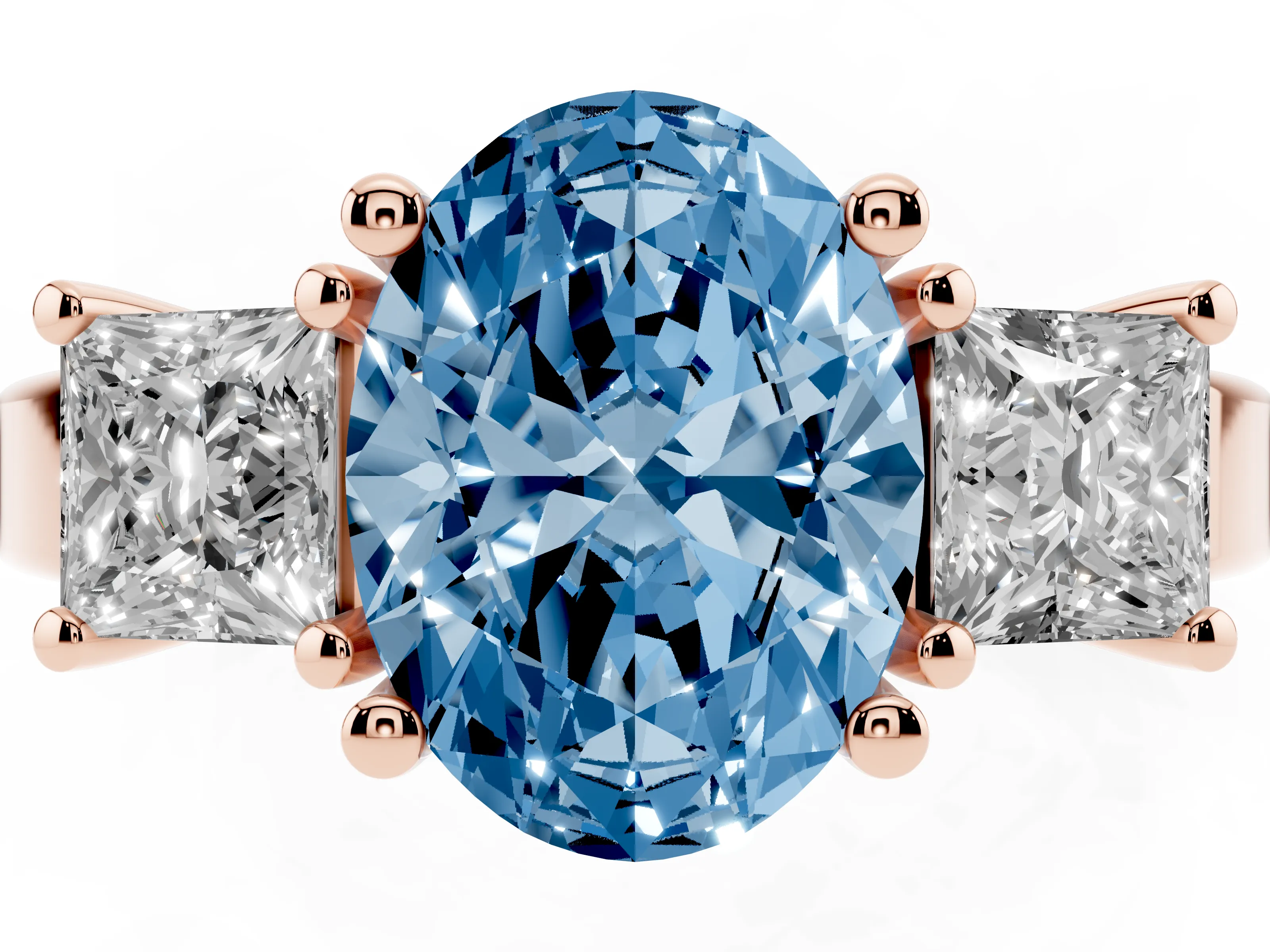 Fancy Blue Three-Stone Oval Cut Diamond Solitaire Ring Set in Rose gold with Prong Setting