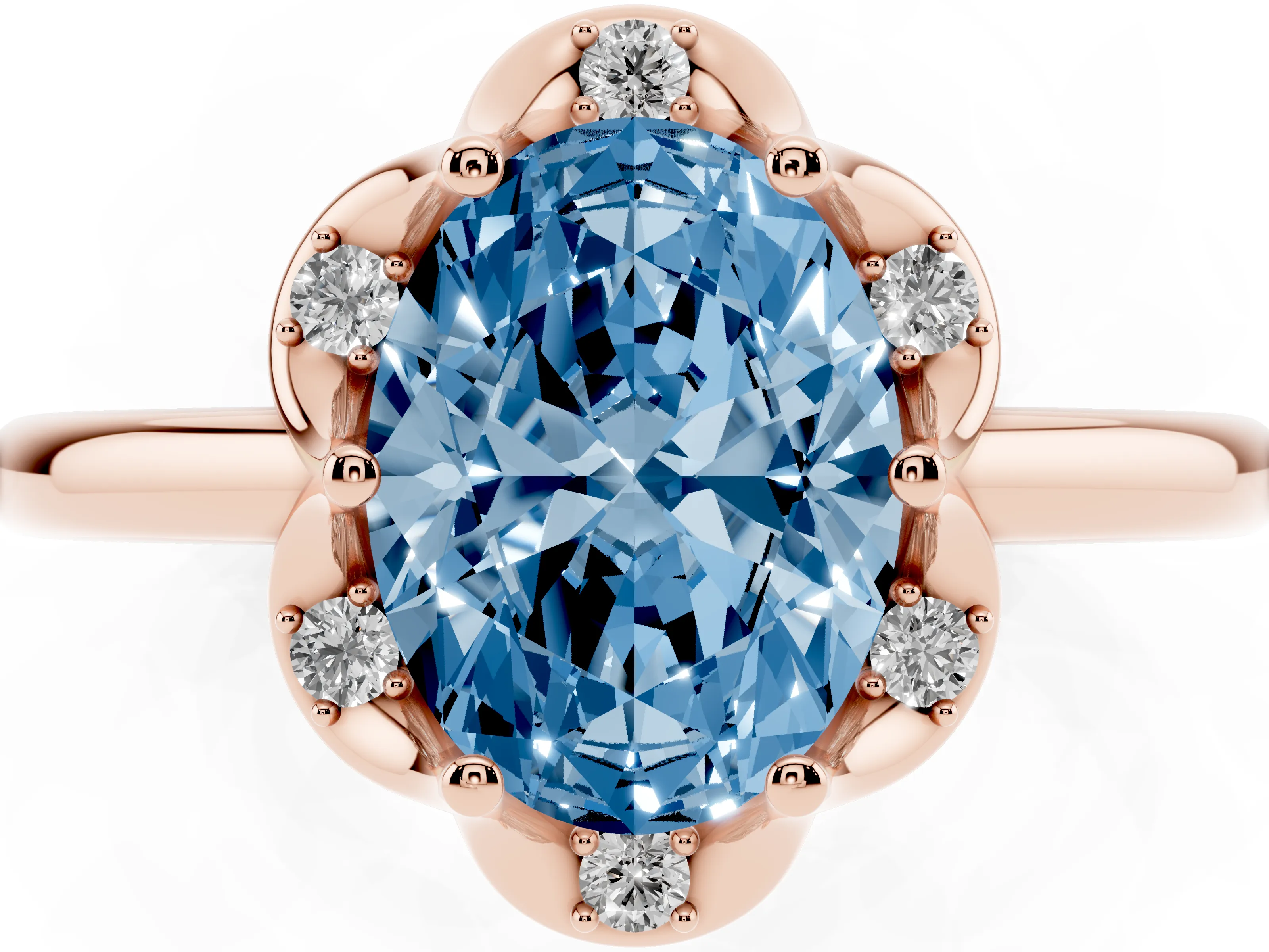 Fancy Blue Oval Cut Diamond Round Cluster Halo Ring Set in Rose gold with Solitaire Band and Prong Setting