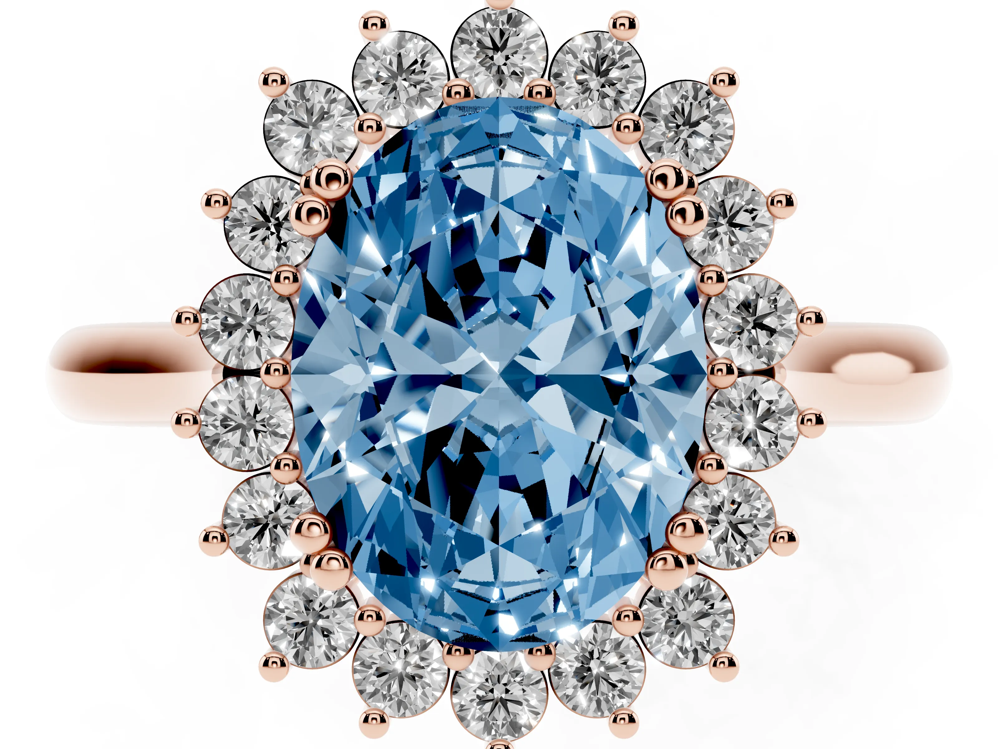 Fancy Blue Oval Cut Diamond Halo Ring Set in Rose gold with Plain Solitaire Band and Prong Setting