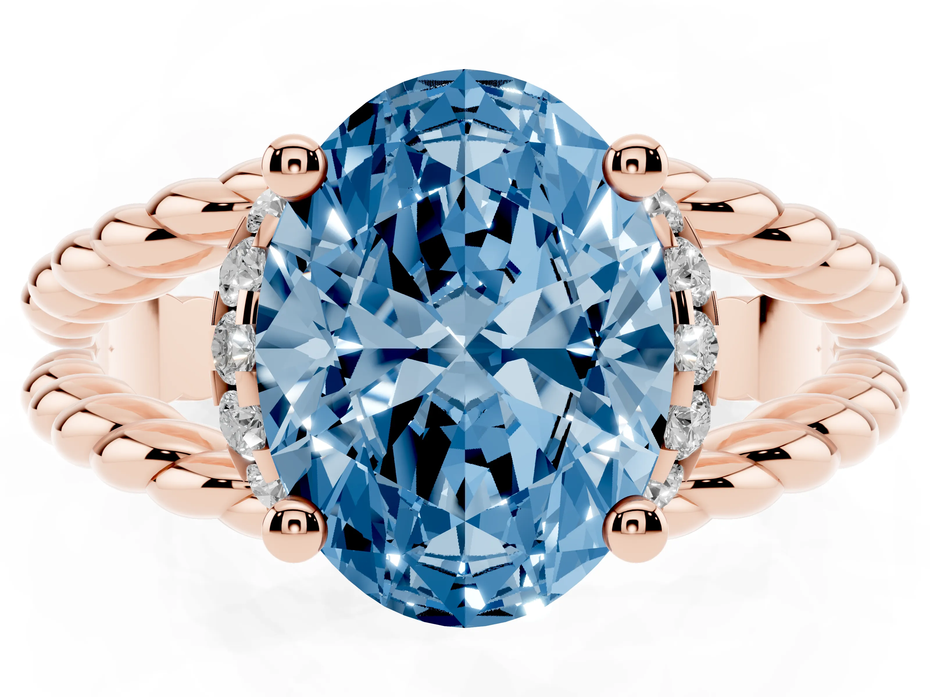 Fancy Blue Oval Cut Diamond Halo Ring Set in Rose gold with Twisted Band and Prong Setting
