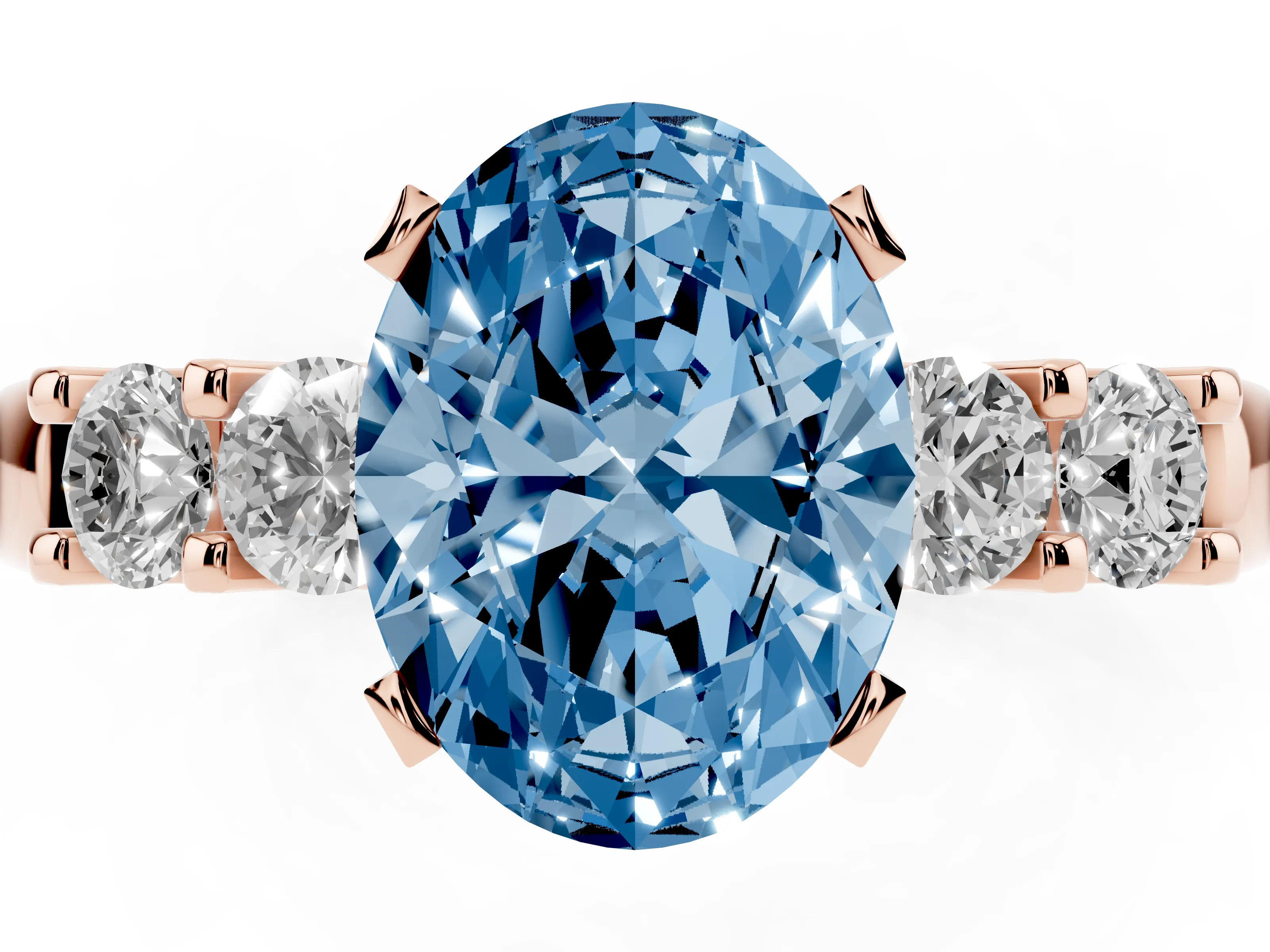 Fancy Blue Oval Cut Diamond Five-Stone Prong Set Engagement Ring Set in Rose gold with Channel Band