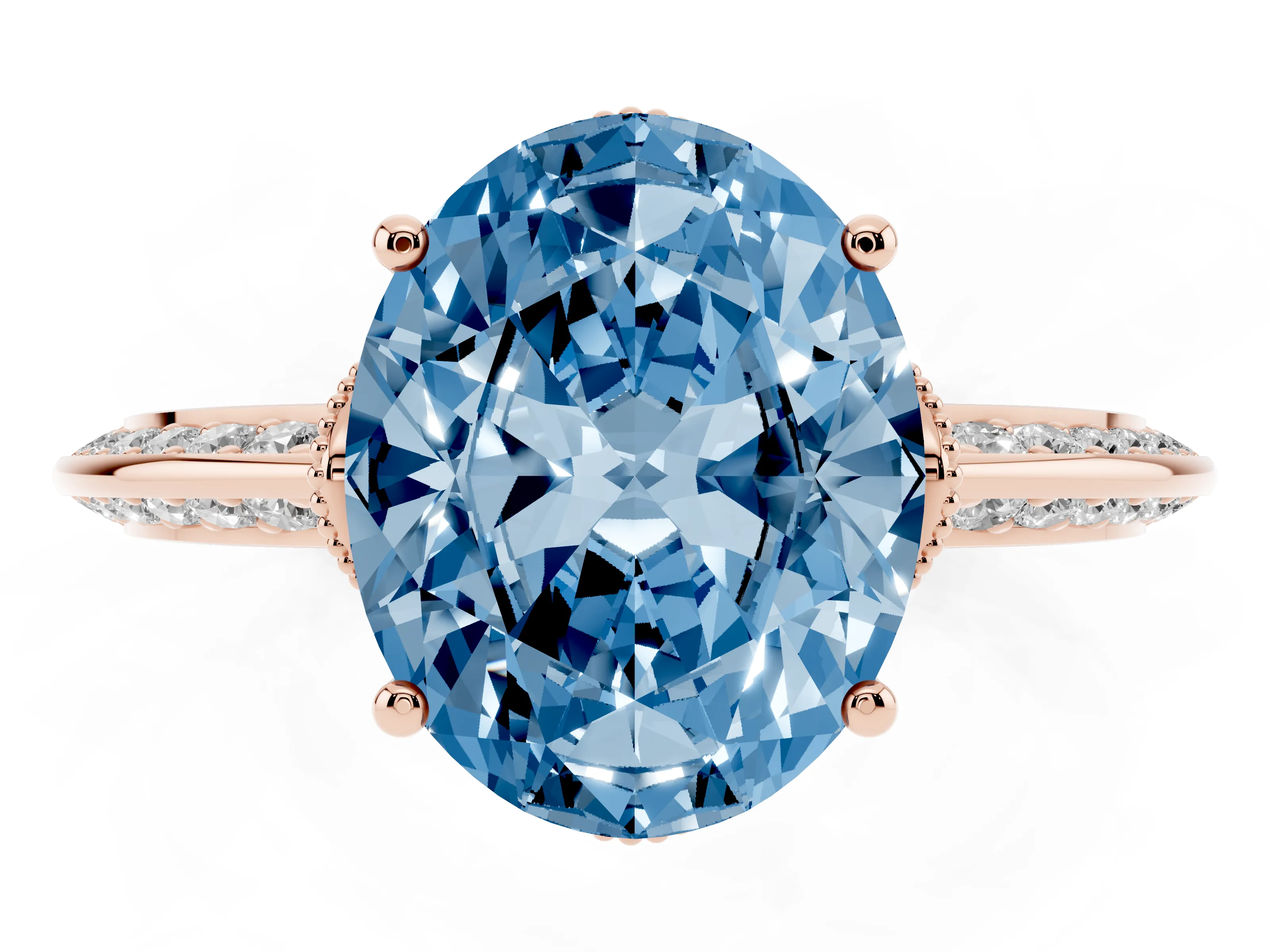 Fancy Blue Oval Cut Diamond Solitaire Engagement Ring Set in Rose gold with Pavé Split Shank and Prong Setting
