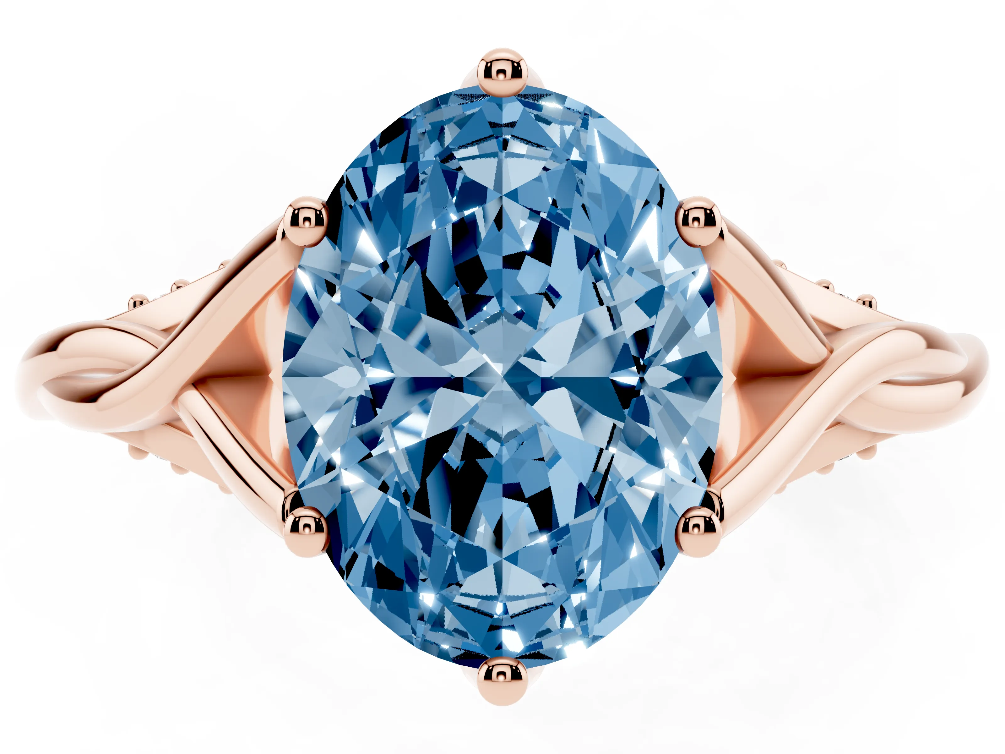 Fancy Blue Oval Cut Diamond Intertwined Twist Band Solitaire Ring Set in Rose gold with Prong Setting