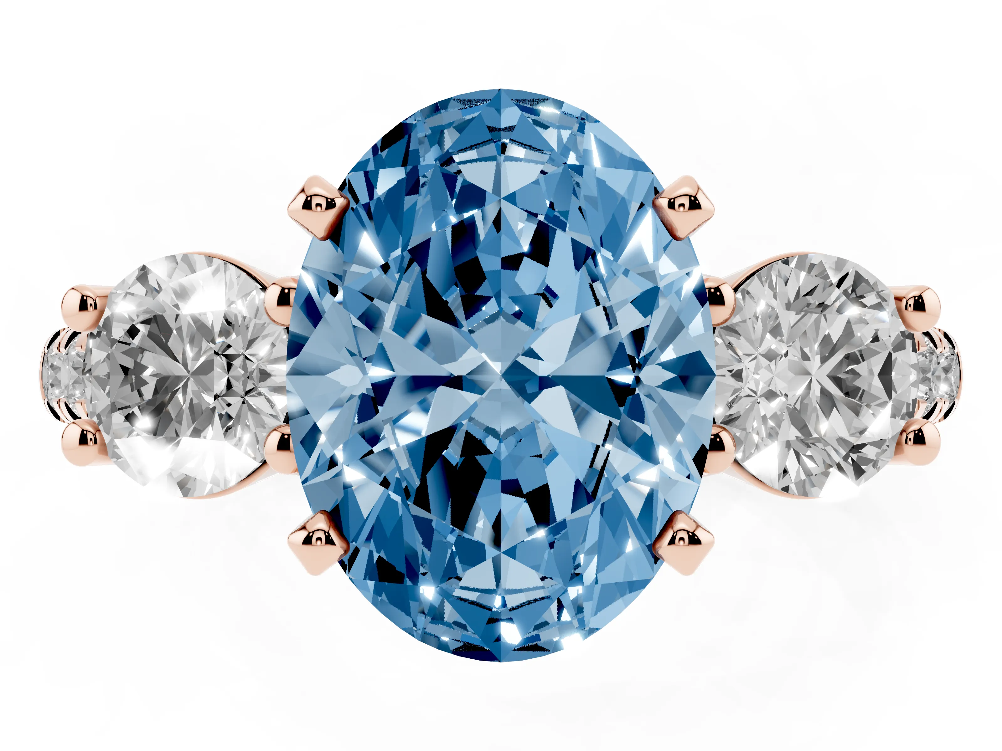 Fancy Blue Three-Stone Oval Cut Diamond Pavé Band Ring Set in Rose gold with Prong-Set Trio
