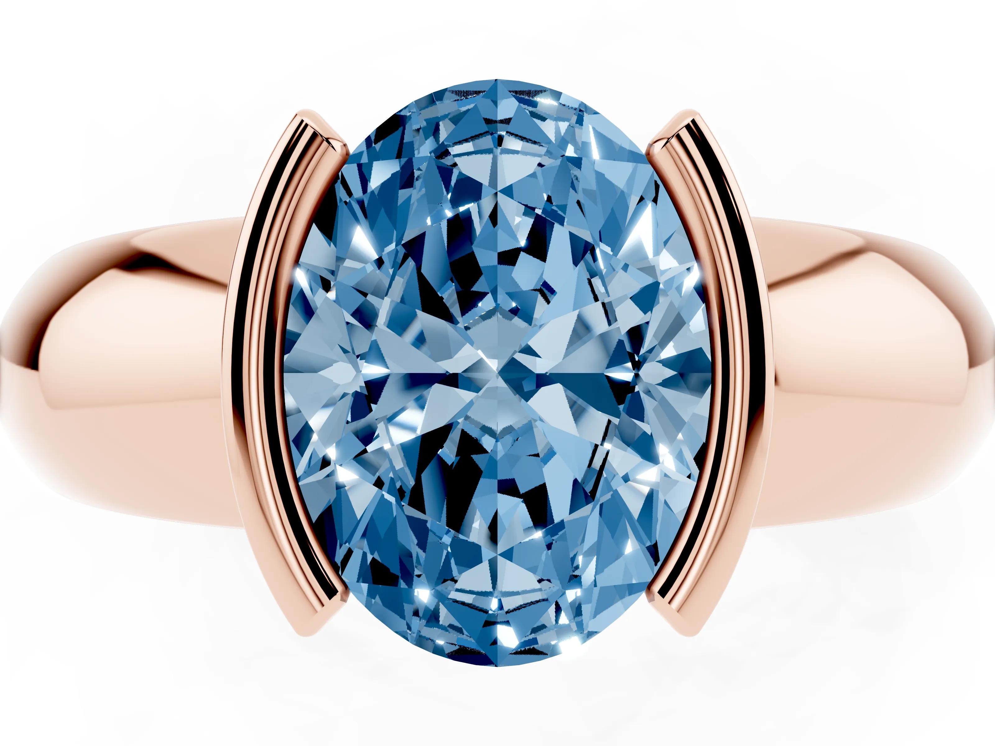 Fancy Blue Oval Cut Diamond Solitaire Tension Set Ring Set in Rose gold with Wide Band