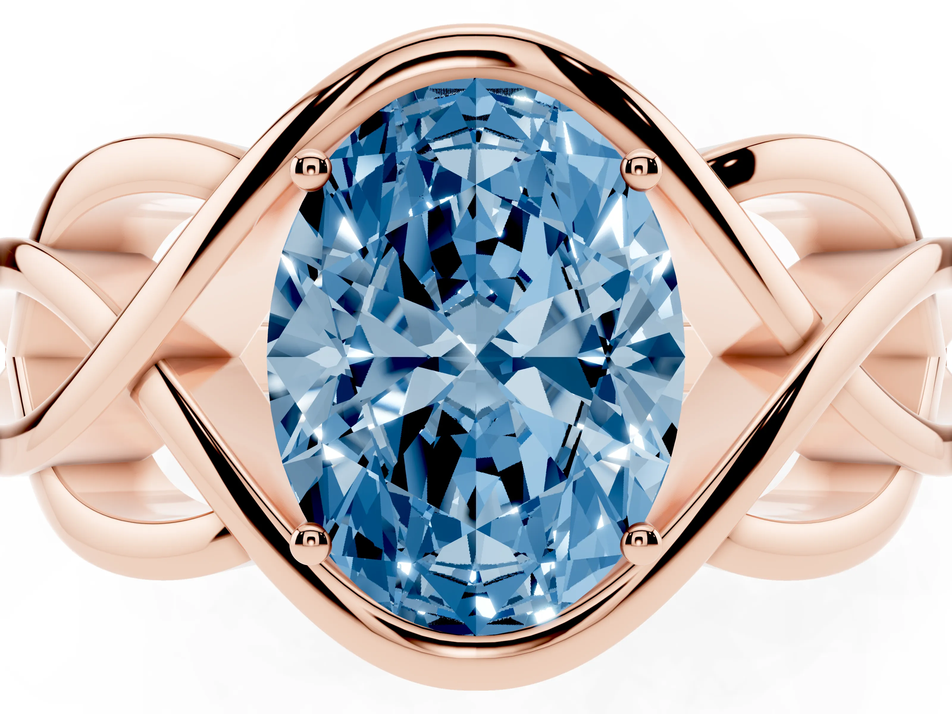 Fancy Blue Oval Cut Diamond Solitaire Ring Set in Rose gold with Intertwined Band