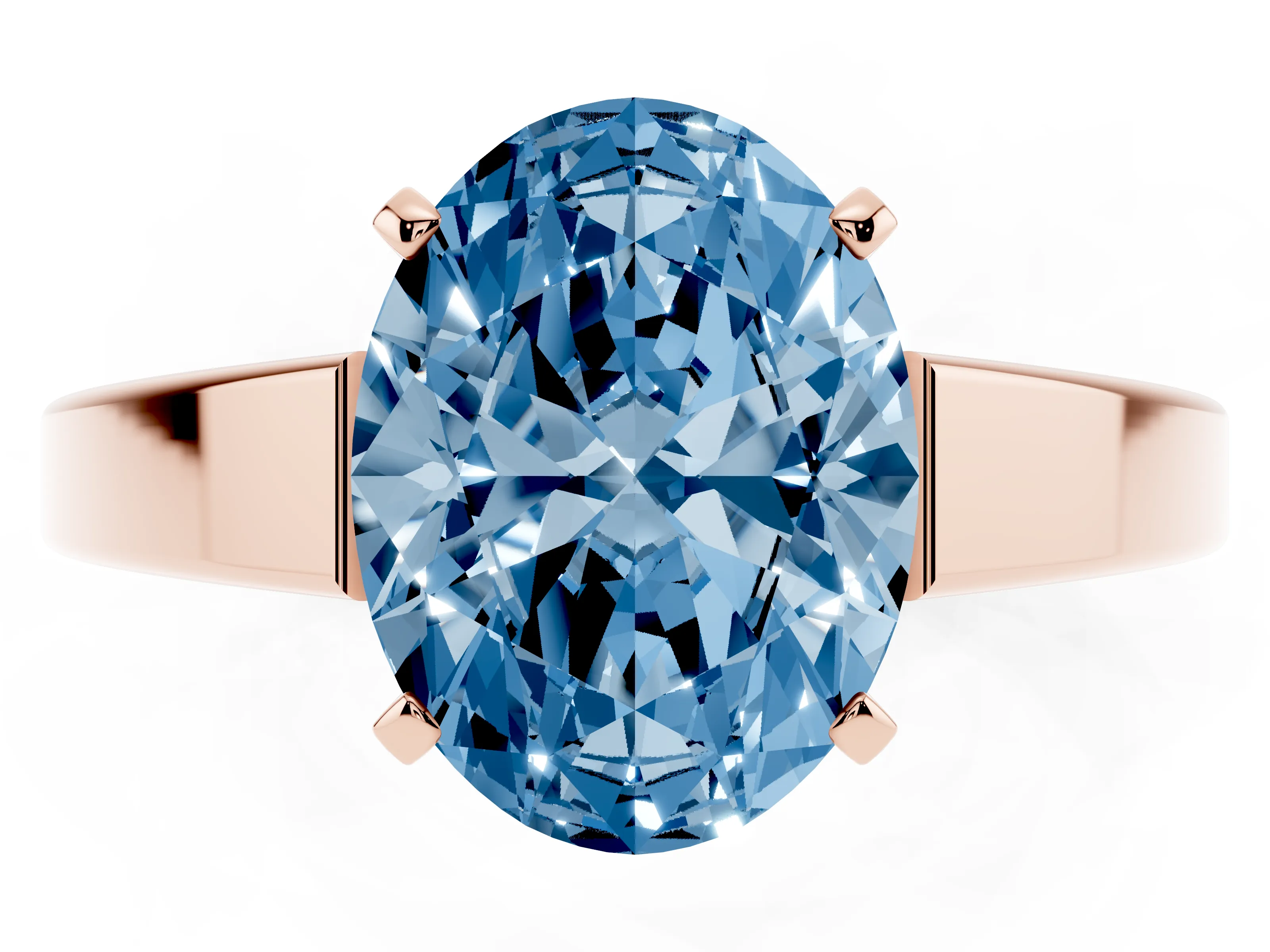Fancy Blue Oval Cut Diamond Solitaire Engagement Ring Set in Rose gold with Prong Setting and Tapered Band