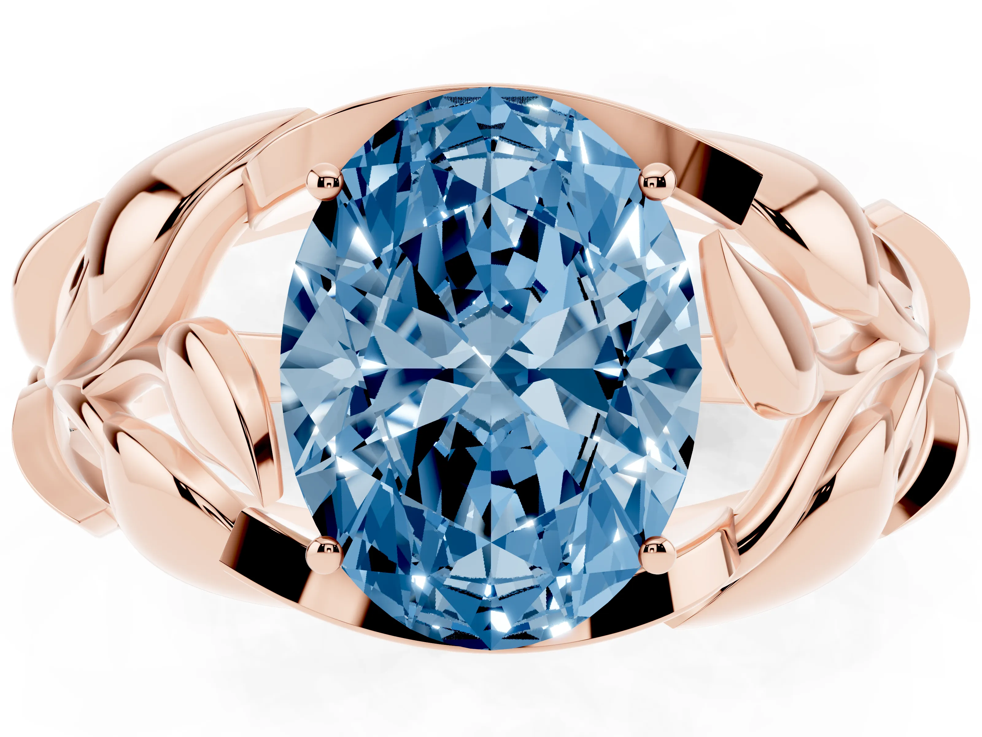 Fancy Blue Oval Cut Diamond Leaf-Inspired Engagement Ring Set in Rose gold with Round Accents