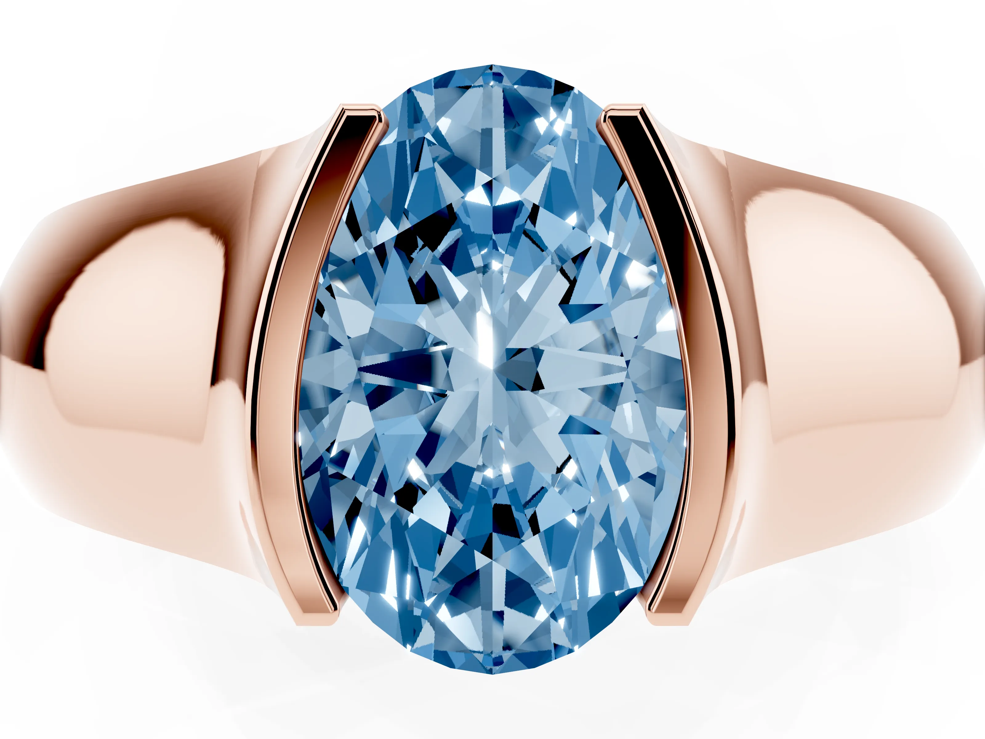Fancy Blue Oval Cut Diamond Bezel Solitaire Ring Set in Rose gold with Wide Band