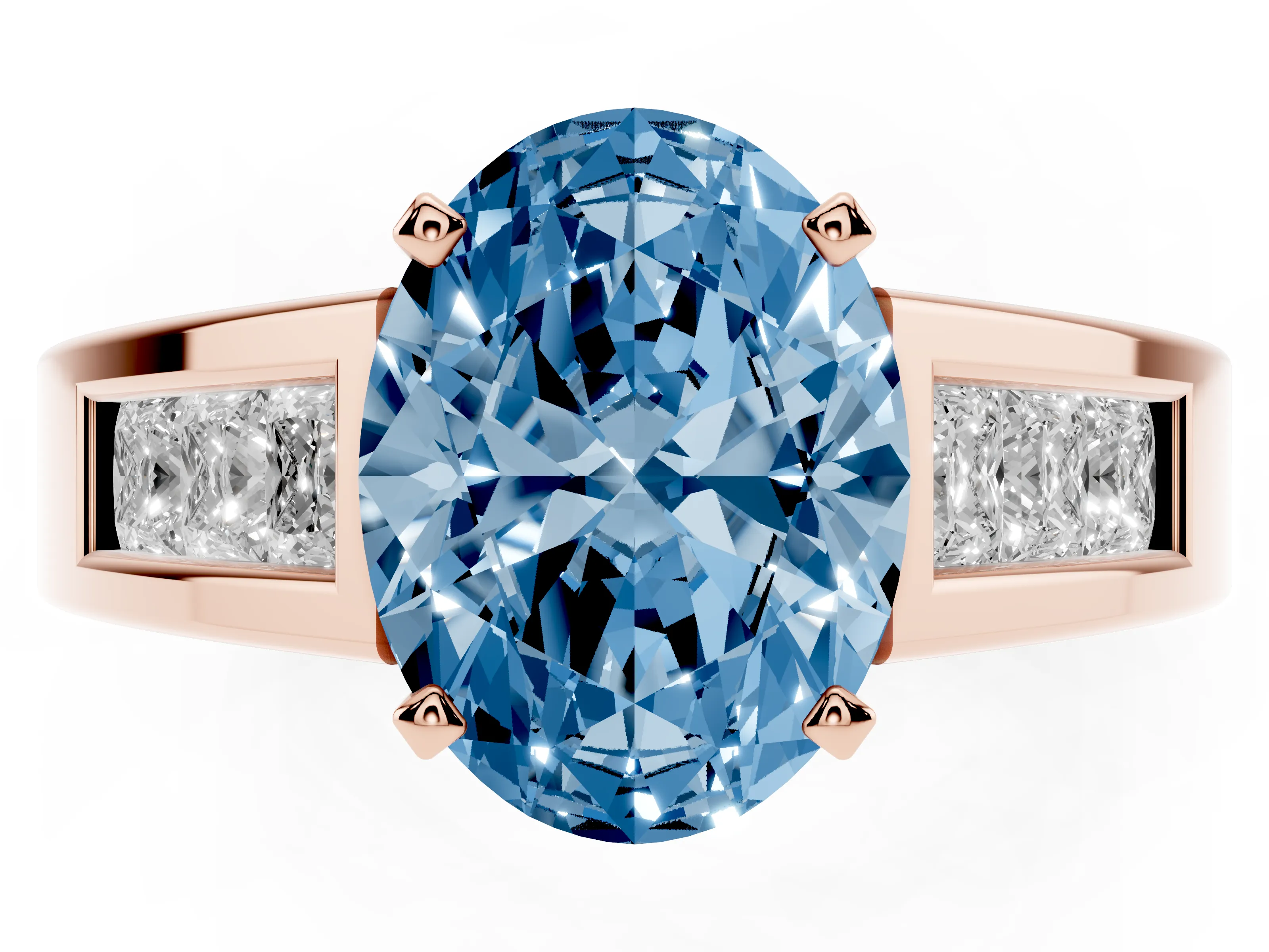 Fancy Blue Oval Cut Diamond Solitaire Ring Set in Rose gold with Channel-Set Accent Stones and Prong Setting