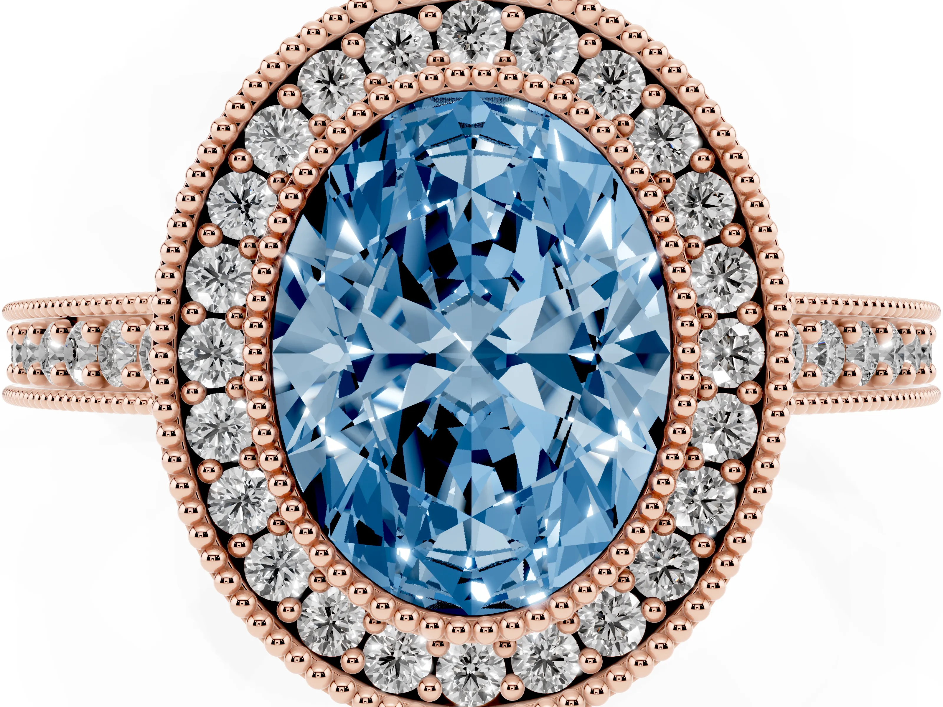 Fancy Blue Oval Cut Diamond Halo Engagement Ring Set in Rose gold with Pavé Band and Round Halo Stones