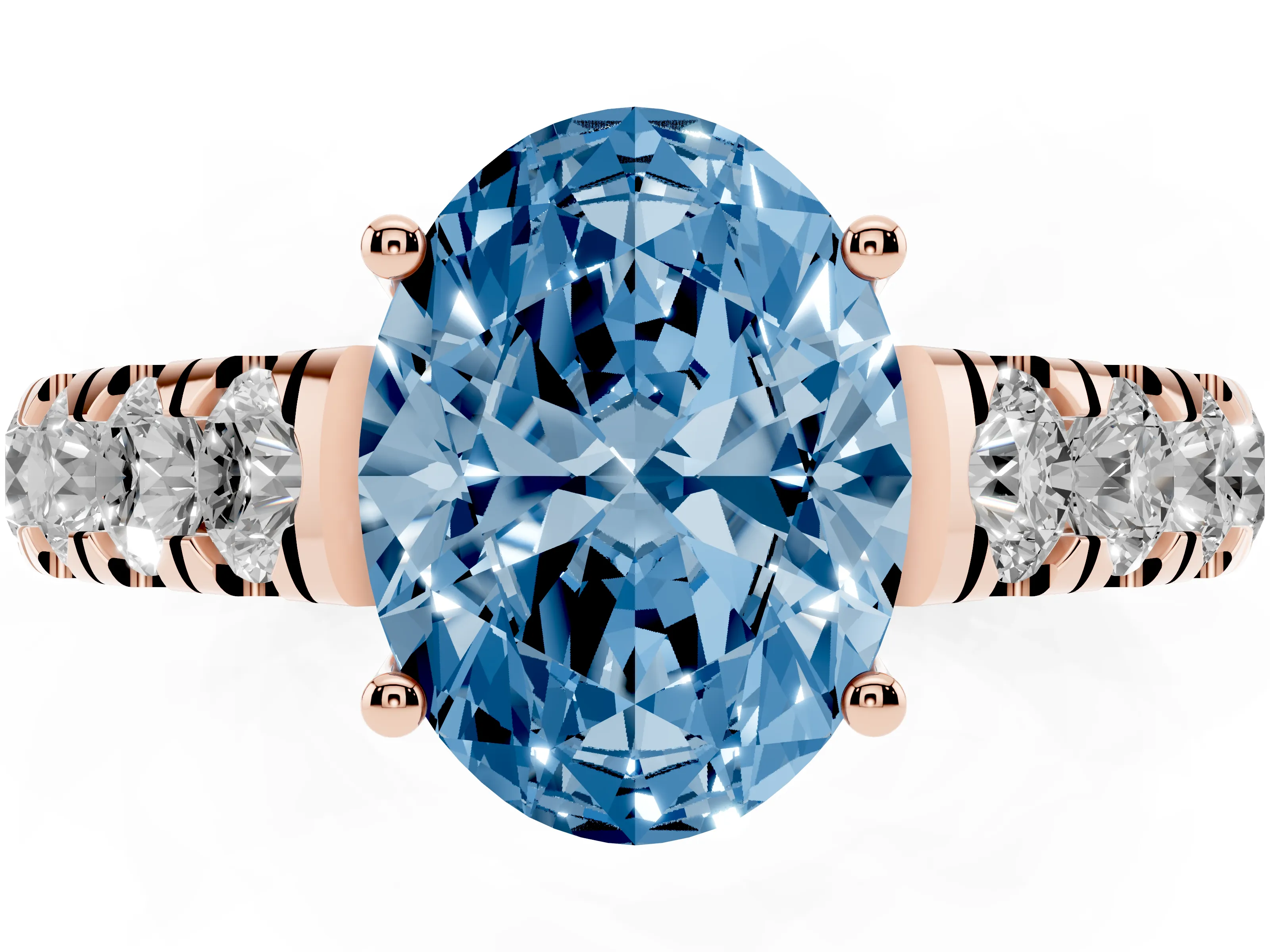 Fancy Blue Oval Cut Diamond Solitaire Ring Set in Rose gold with Cut-Down Micro Pavé Band and Prong Setting