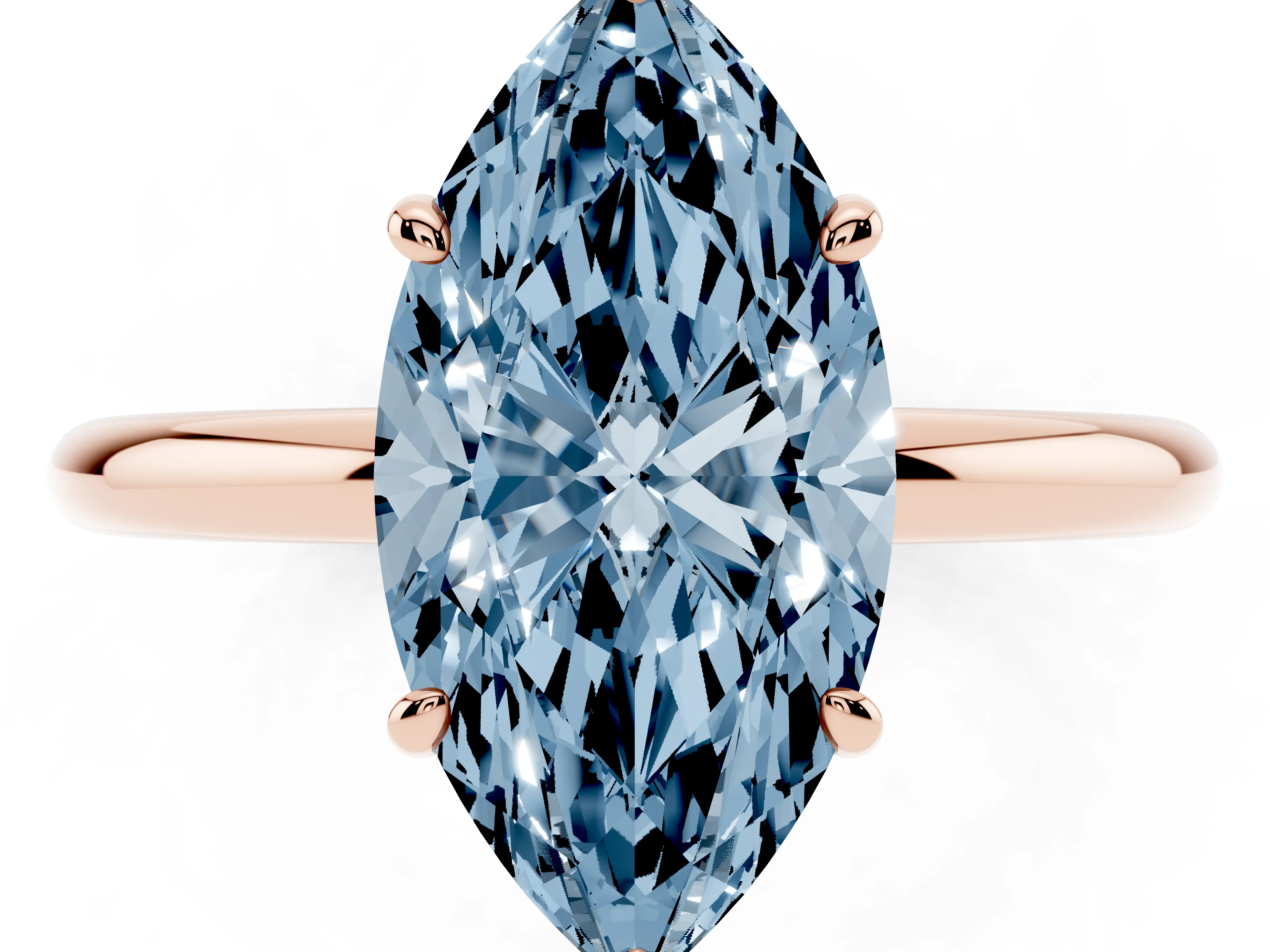 Fancy Blue Oval Cut Diamond Solitaire Ring Set in Rose gold with Prong Setting on a Polished Plain Band